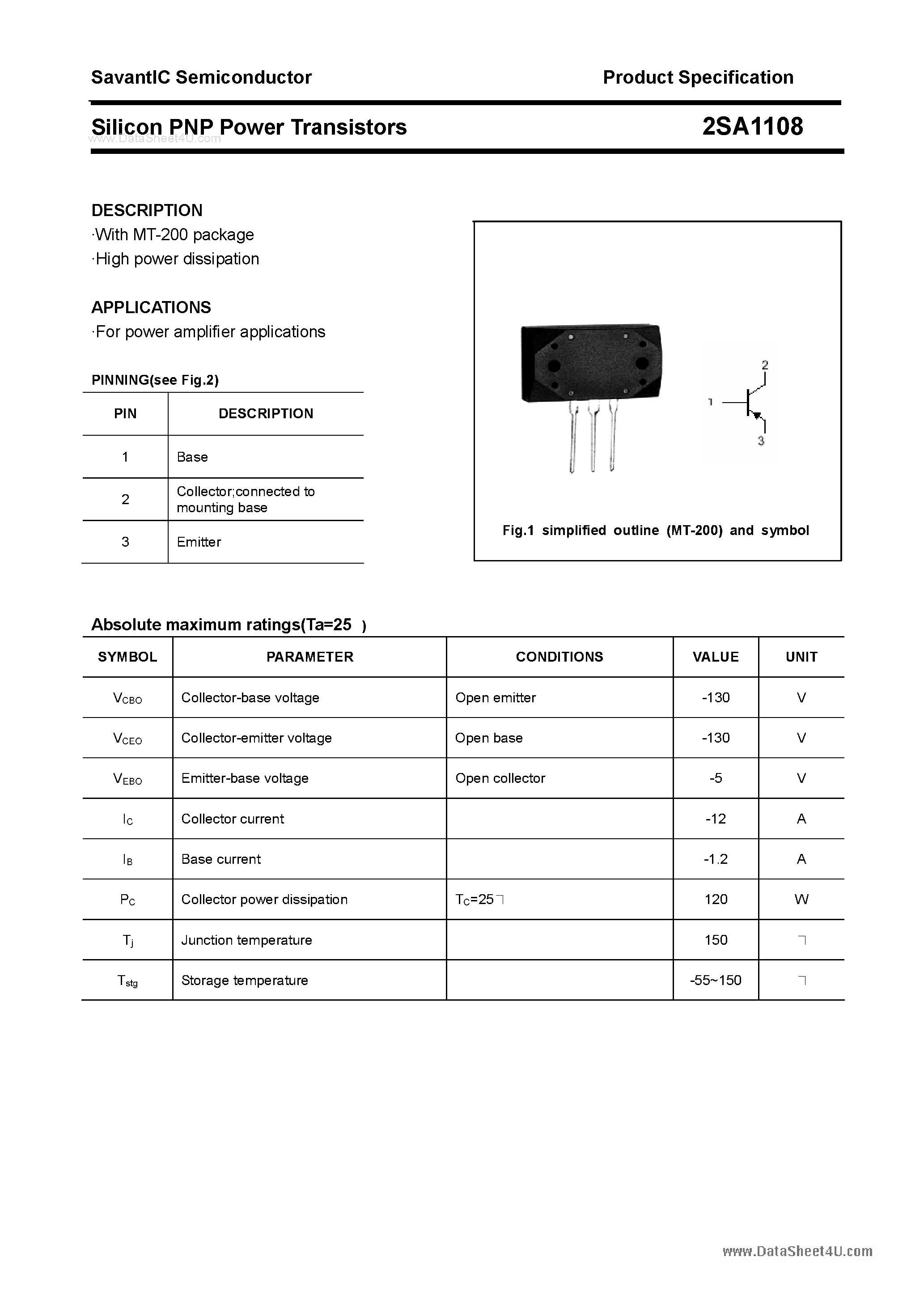 Datasheet 2SA1108 page 1 Datasheet 2SA1108 - SILICON POWER TRANSISTOR page 1