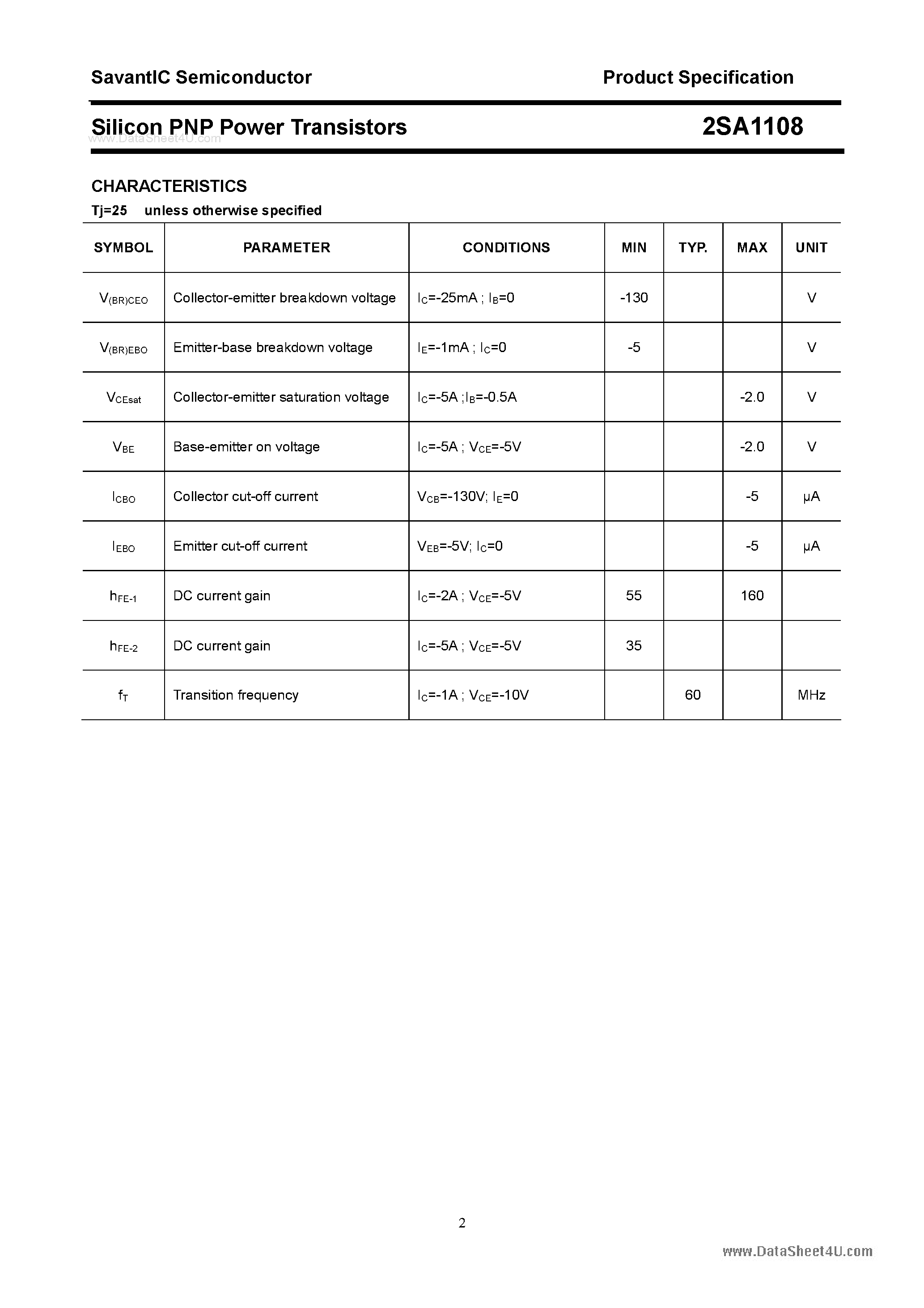 Datasheet 2SA1108 page 2 Datasheet 2SA1108 - SILICON POWER TRANSISTOR page 2