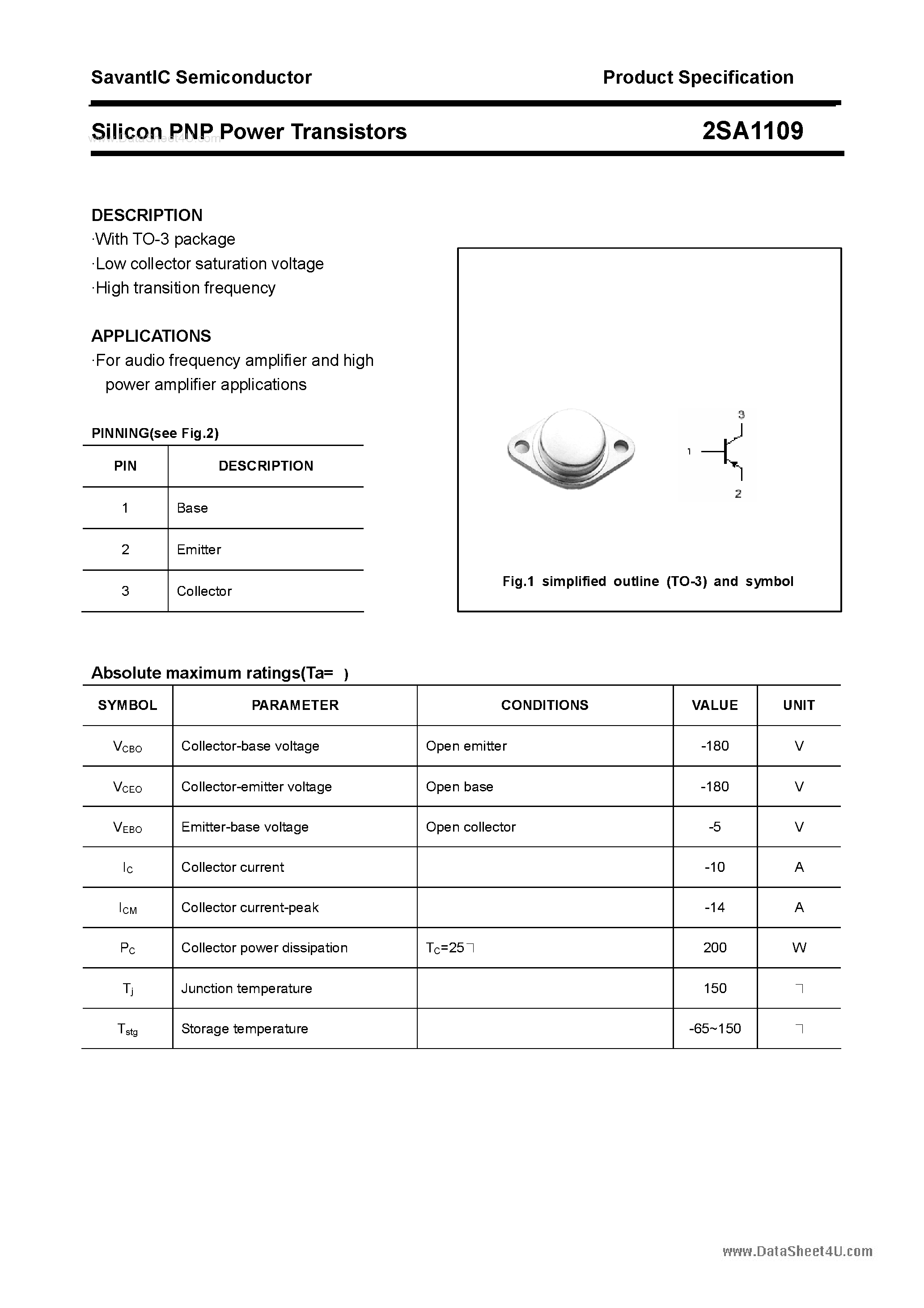 Datasheet 2SA1109 - SILICON POWER TRANSISTOR page 1