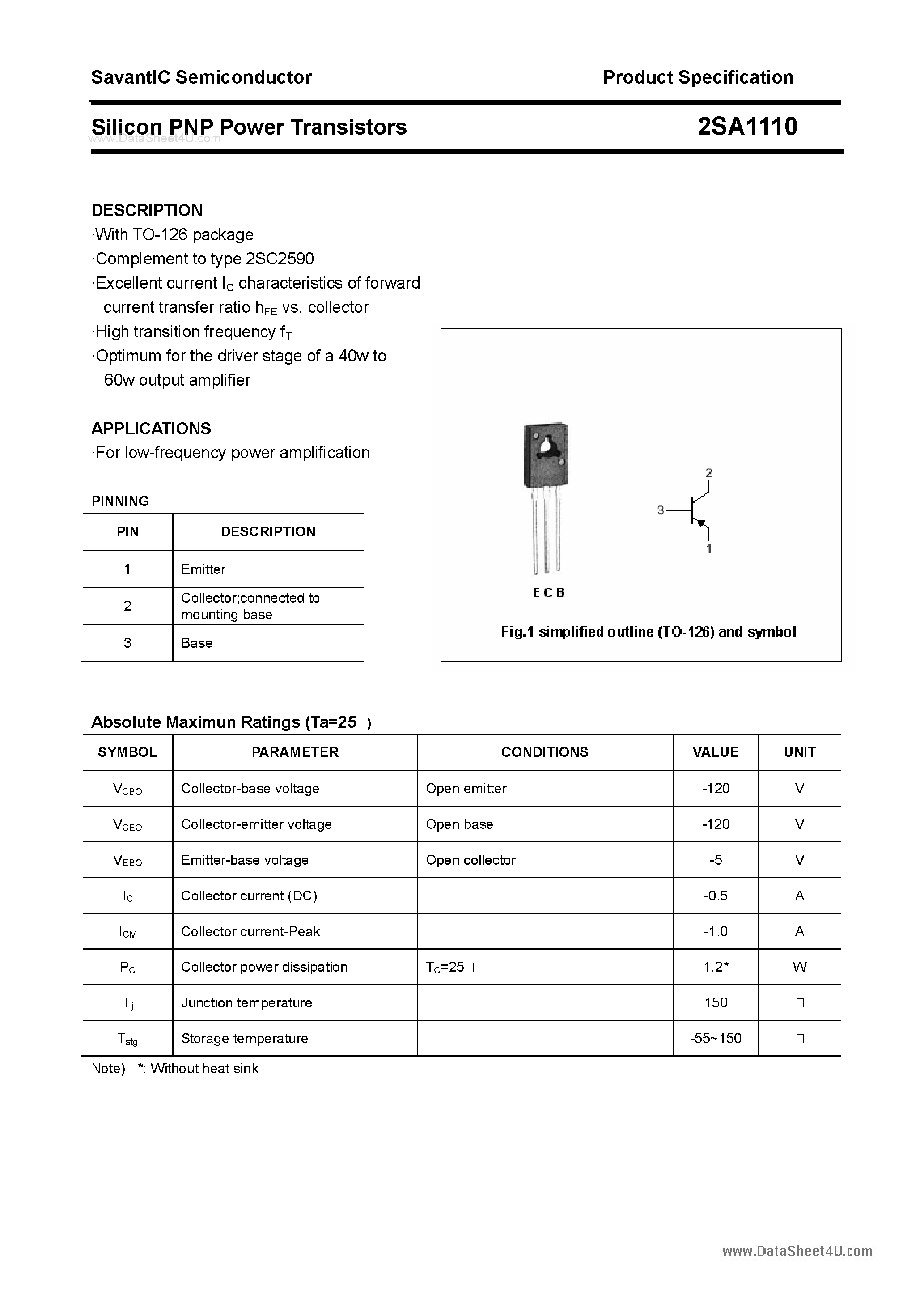 Datasheet 2SA1110 page 1 Datasheet 2SA1110 - SILICON POWER TRANSISTOR page 1