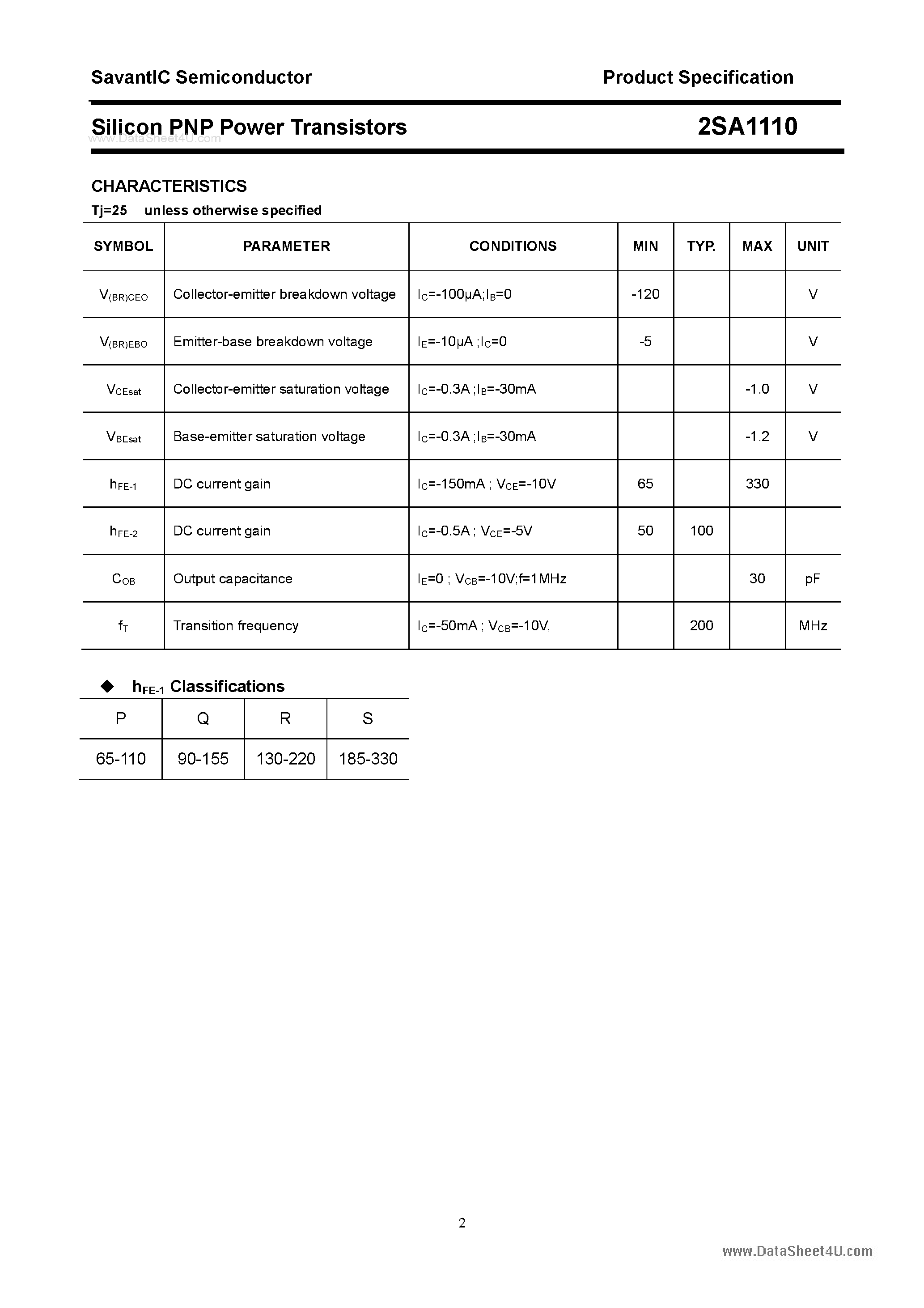 Datasheet 2SA1110 page 2 Datasheet 2SA1110 - SILICON POWER TRANSISTOR page 2