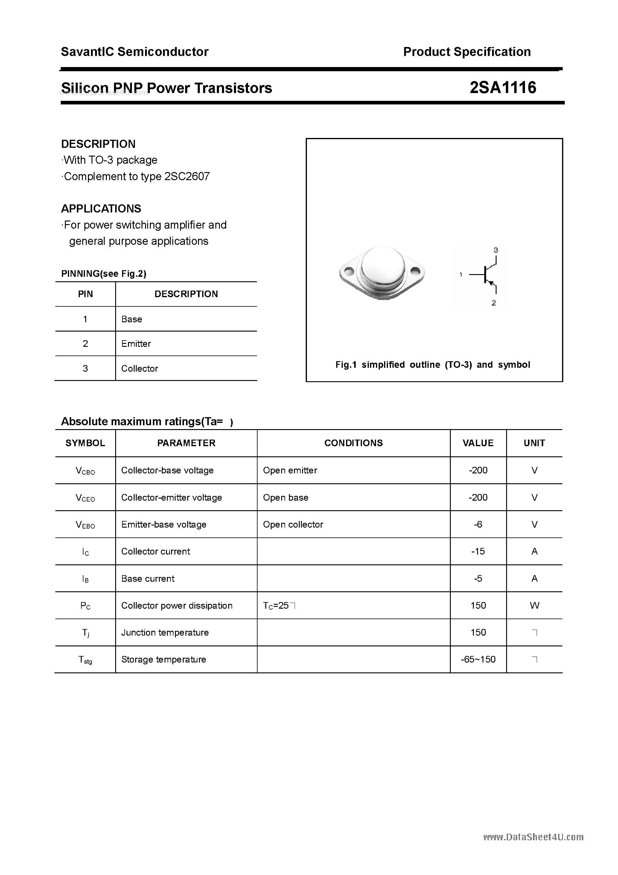 Datasheet 2SA1116 - SILICON POWER TRANSISTOR page 1