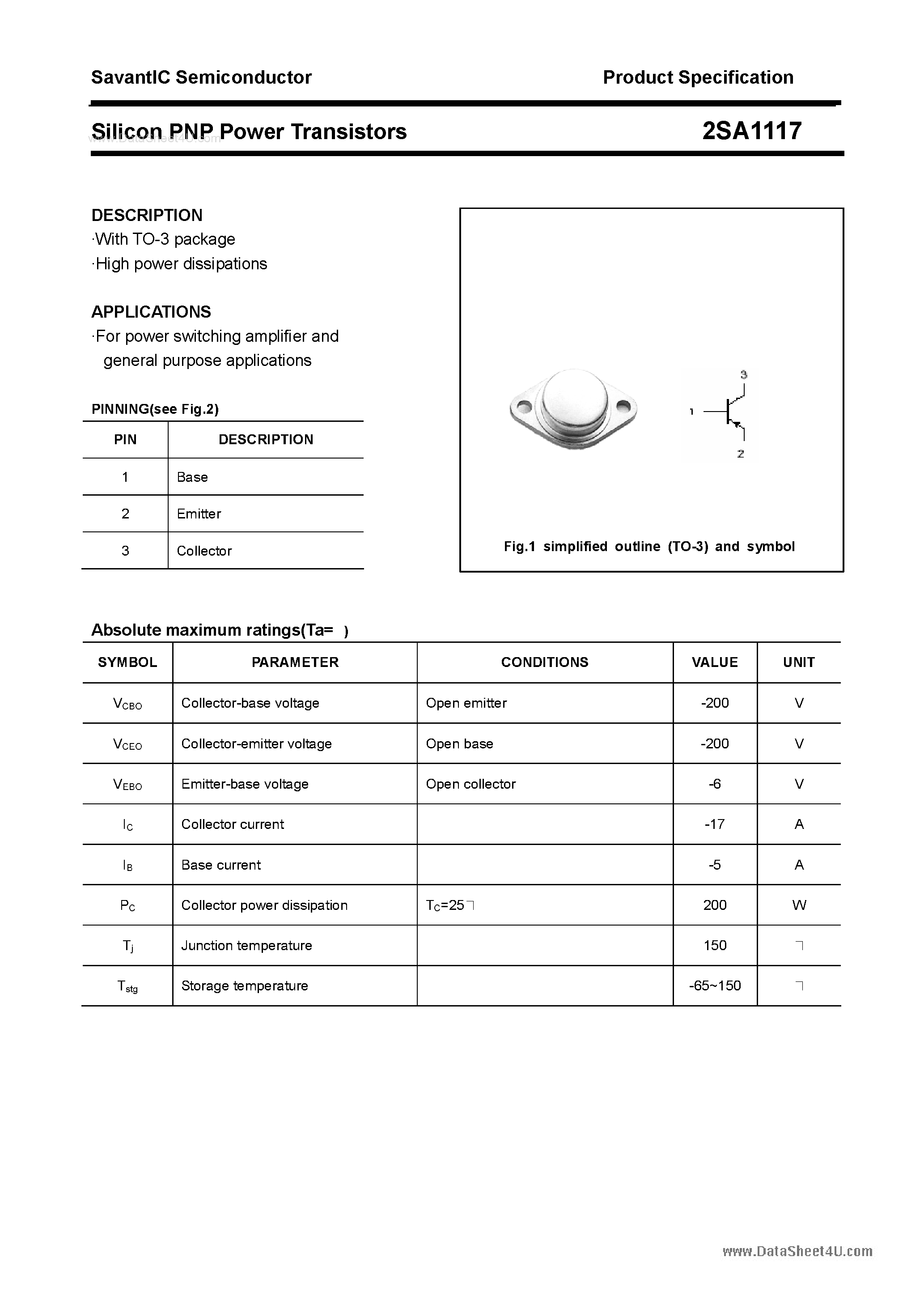Datasheet 2SA1117 - SILICON POWER TRANSISTOR page 1