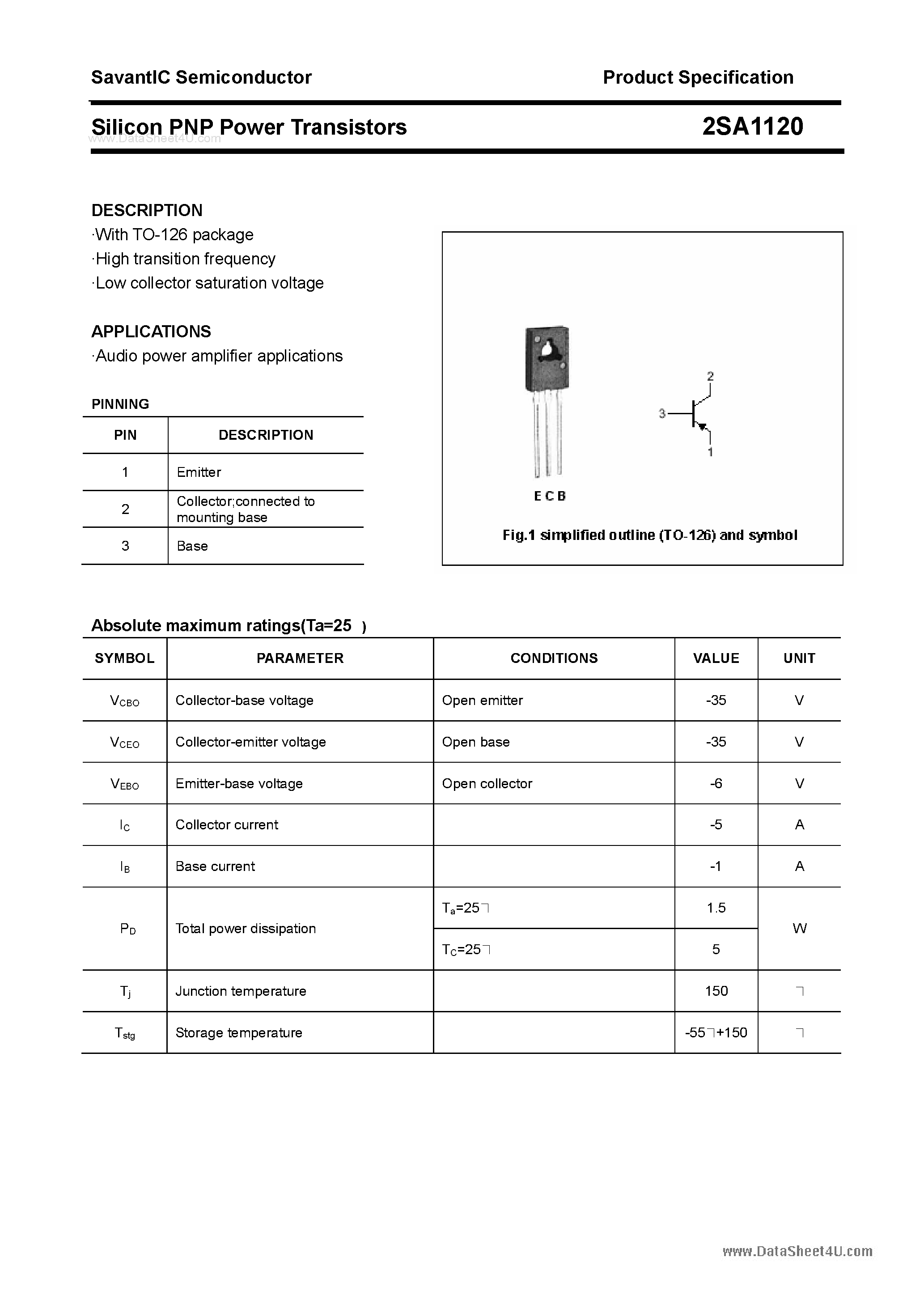 Datasheet 2SA1120 - SILICON POWER TRANSISTOR page 1