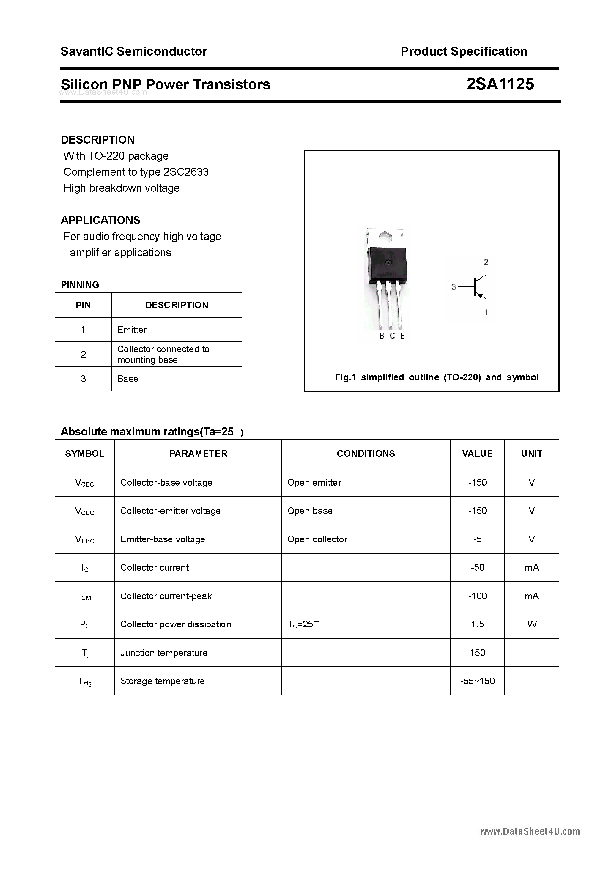 Datasheet 2SA1125 page 1 Datasheet 2SA1125 - SILICON POWER TRANSISTOR page 1