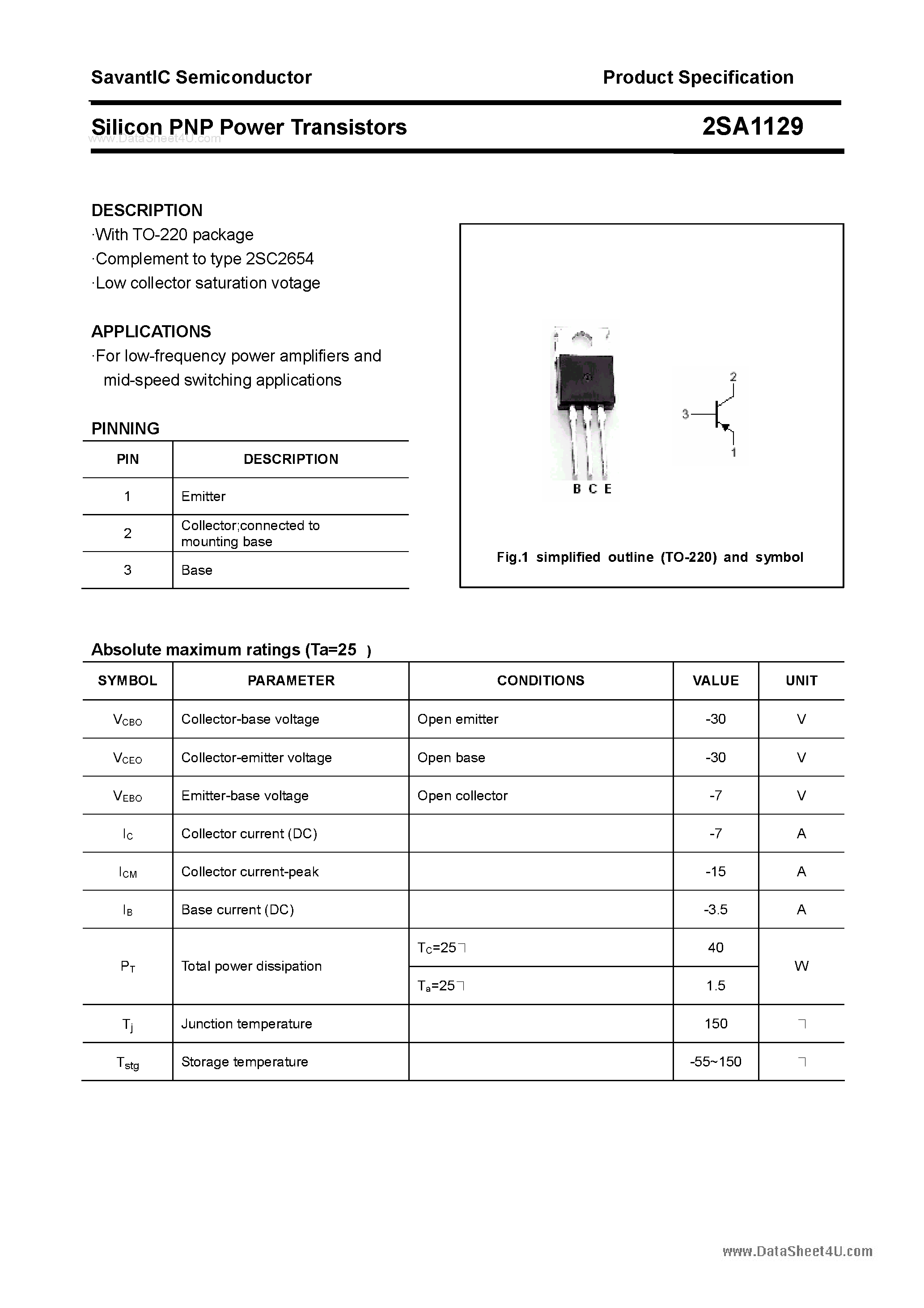 Datasheet 2SA1129 page 1 Datasheet 2SA1129 - SILICON POWER TRANSISTOR page 1