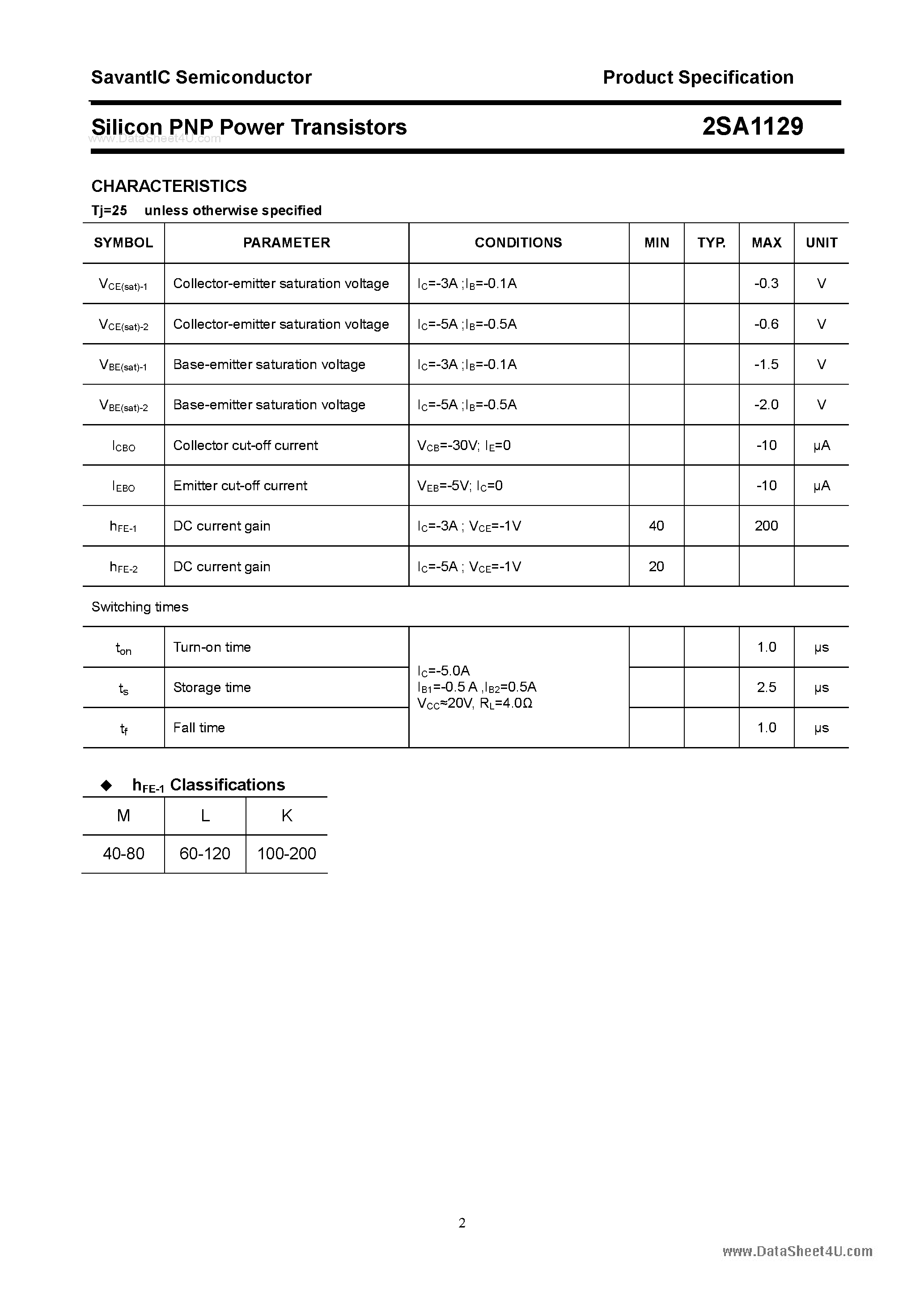 Datasheet 2SA1129 page 2 Datasheet 2SA1129 - SILICON POWER TRANSISTOR page 2