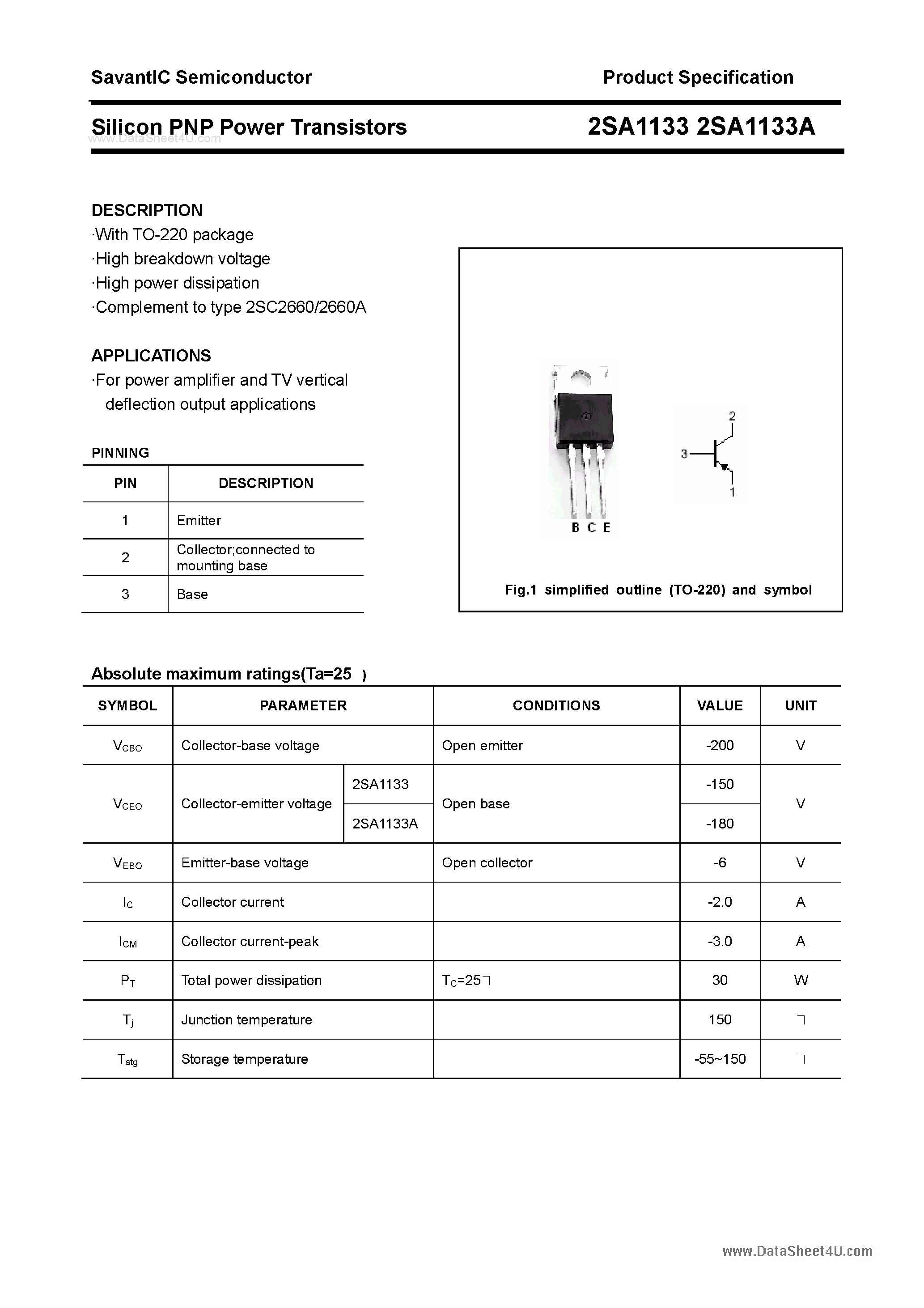Datasheet 2SA1133 page 1 Datasheet 2SA1133 - SILICON POWER TRANSISTOR page 1