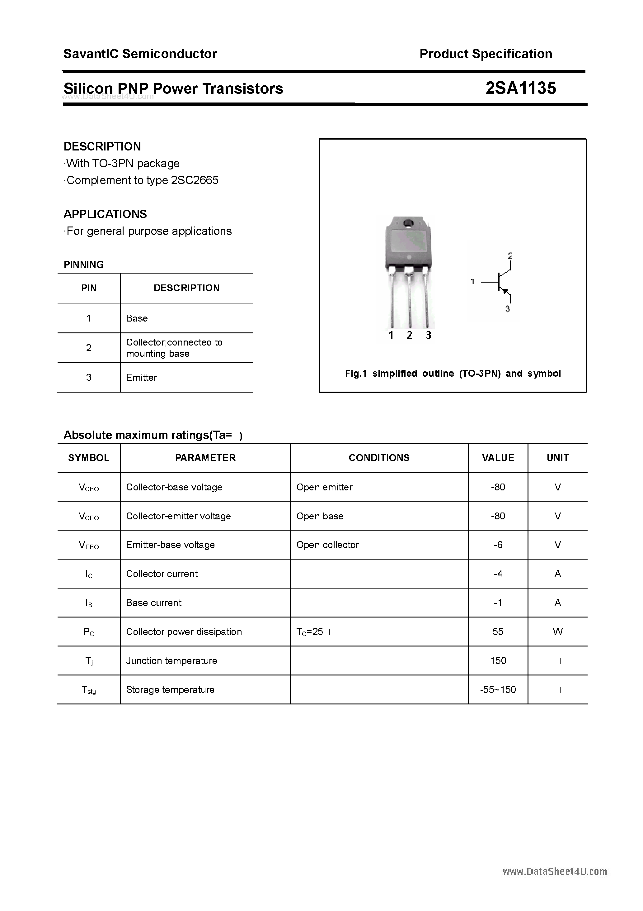 Datasheet 2SA1135 - SILICON POWER TRANSISTOR page 1