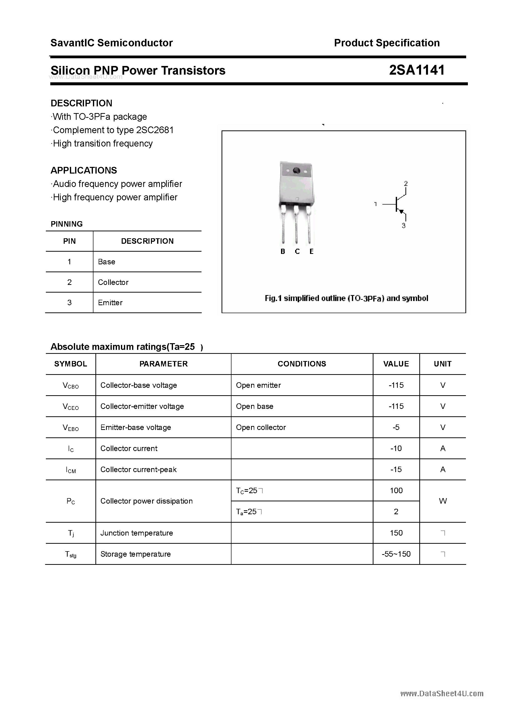 Datasheet 2SA1141 - SILICON POWER TRANSISTOR page 1