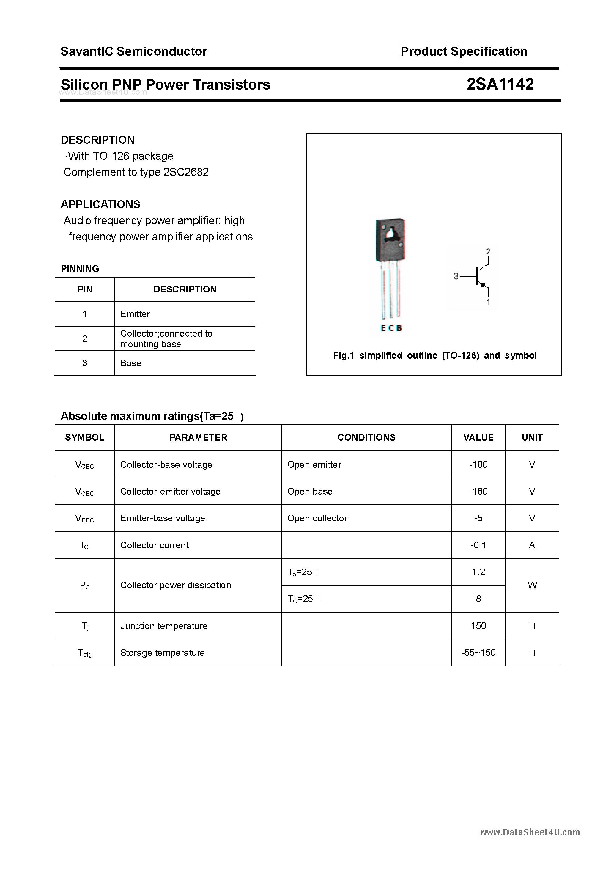 Datasheet 2SA1142 - SILICON POWER TRANSISTOR page 1