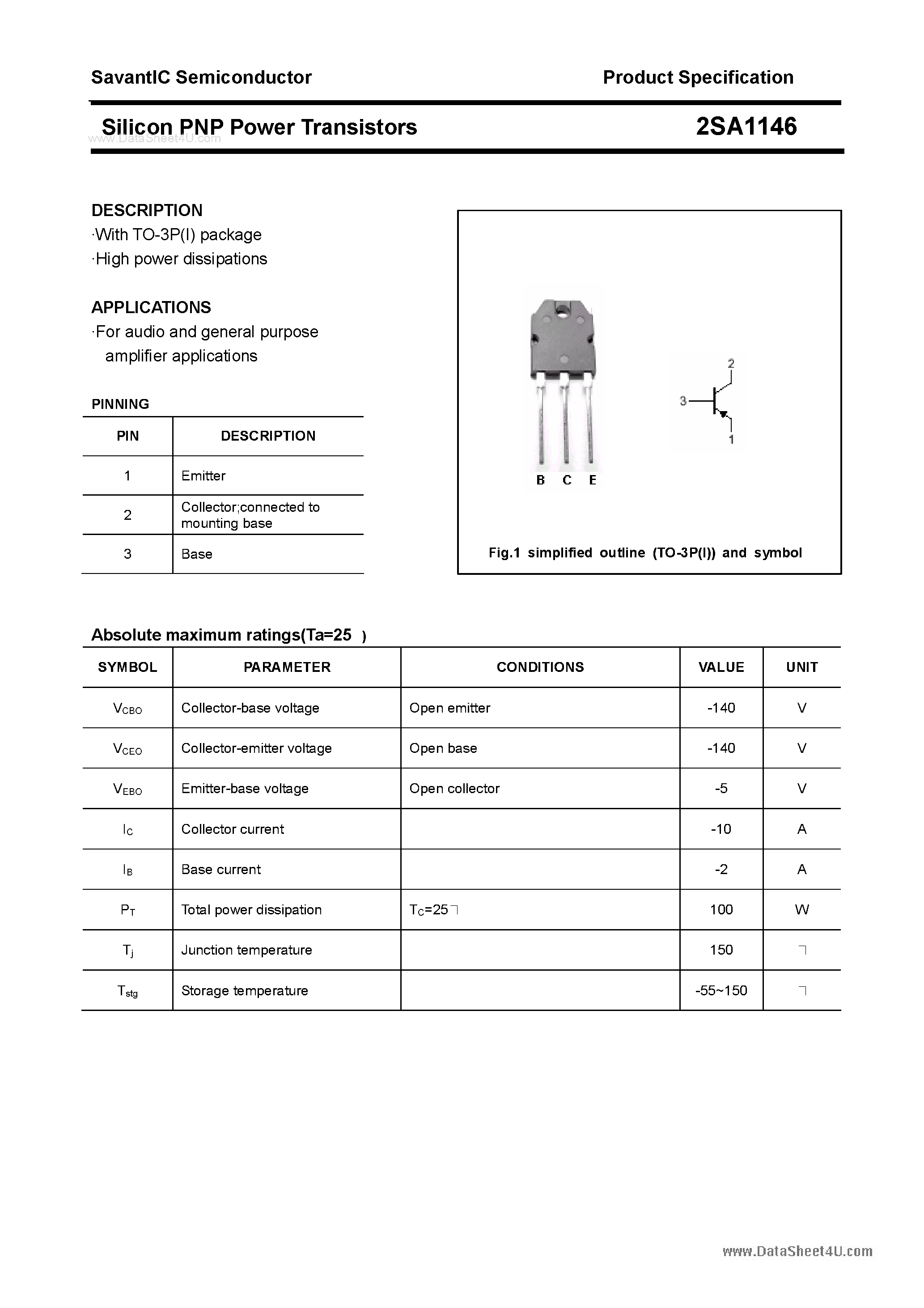 Datasheet 2SA1146 - SILICON POWER TRANSISTOR page 1