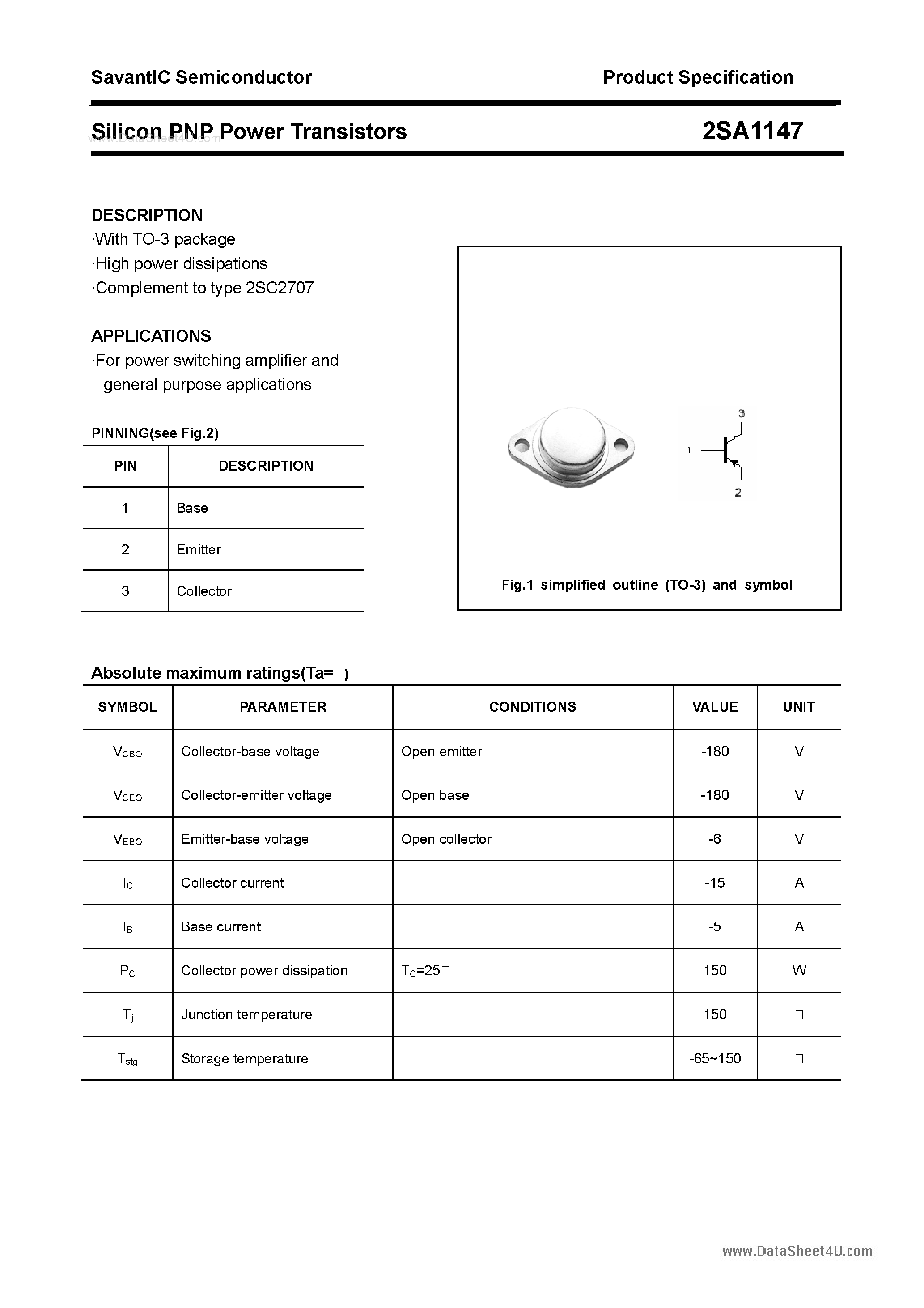 Datasheet 2SA1147 - SILICON POWER TRANSISTOR page 1