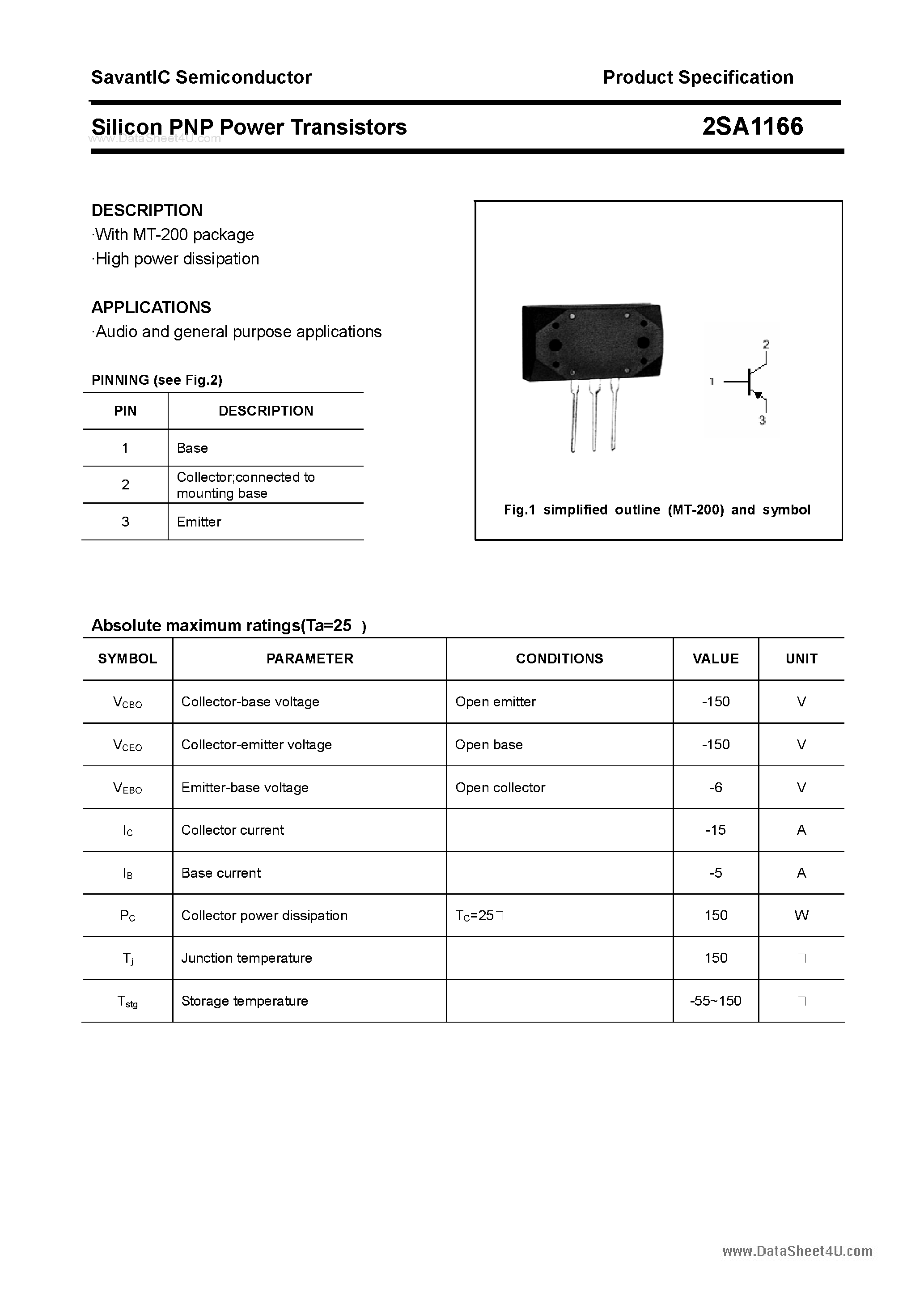 Datasheet 2SA1166 - SILICON POWER TRANSISTOR page 1