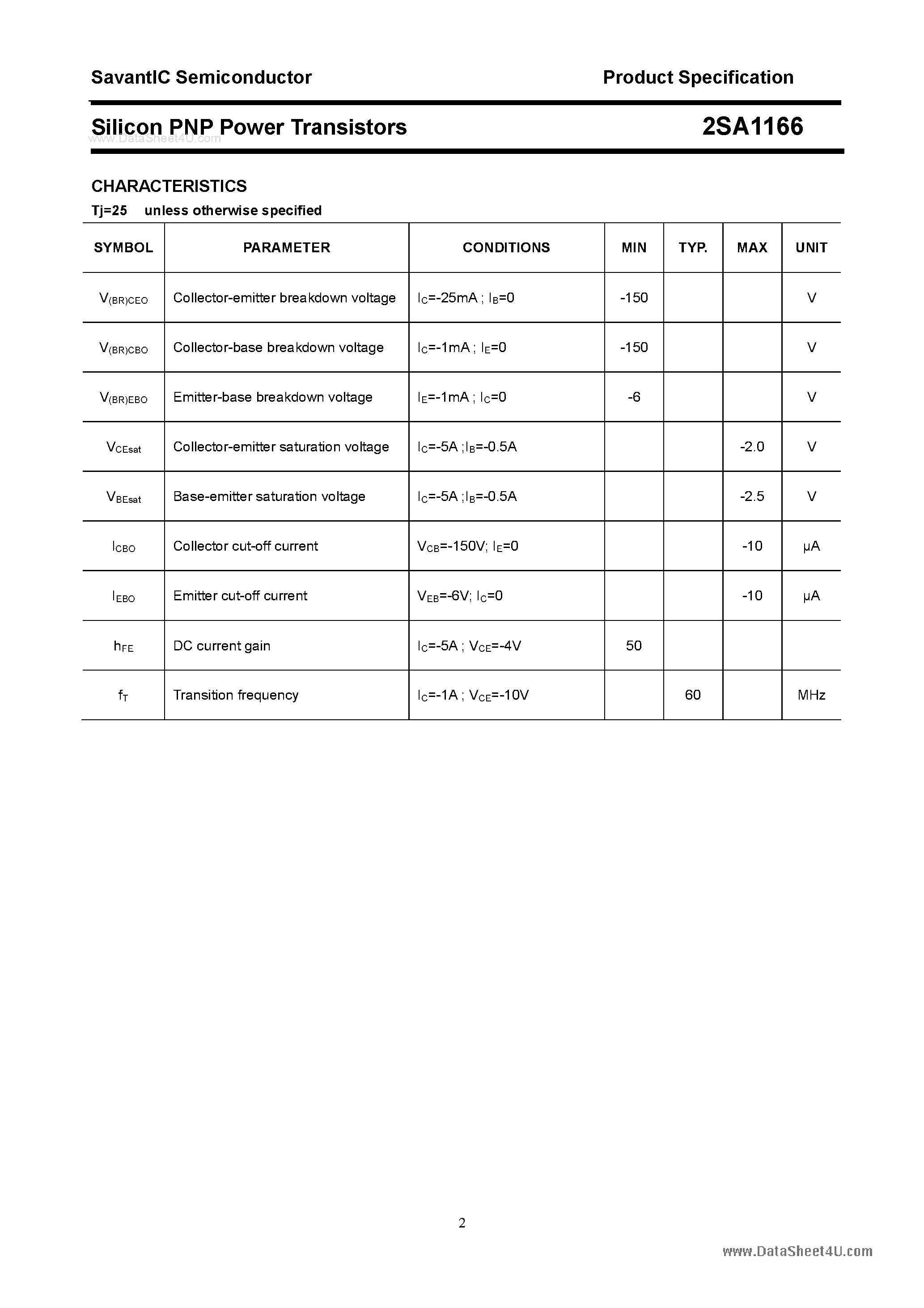 Datasheet 2SA1166 - SILICON POWER TRANSISTOR page 2