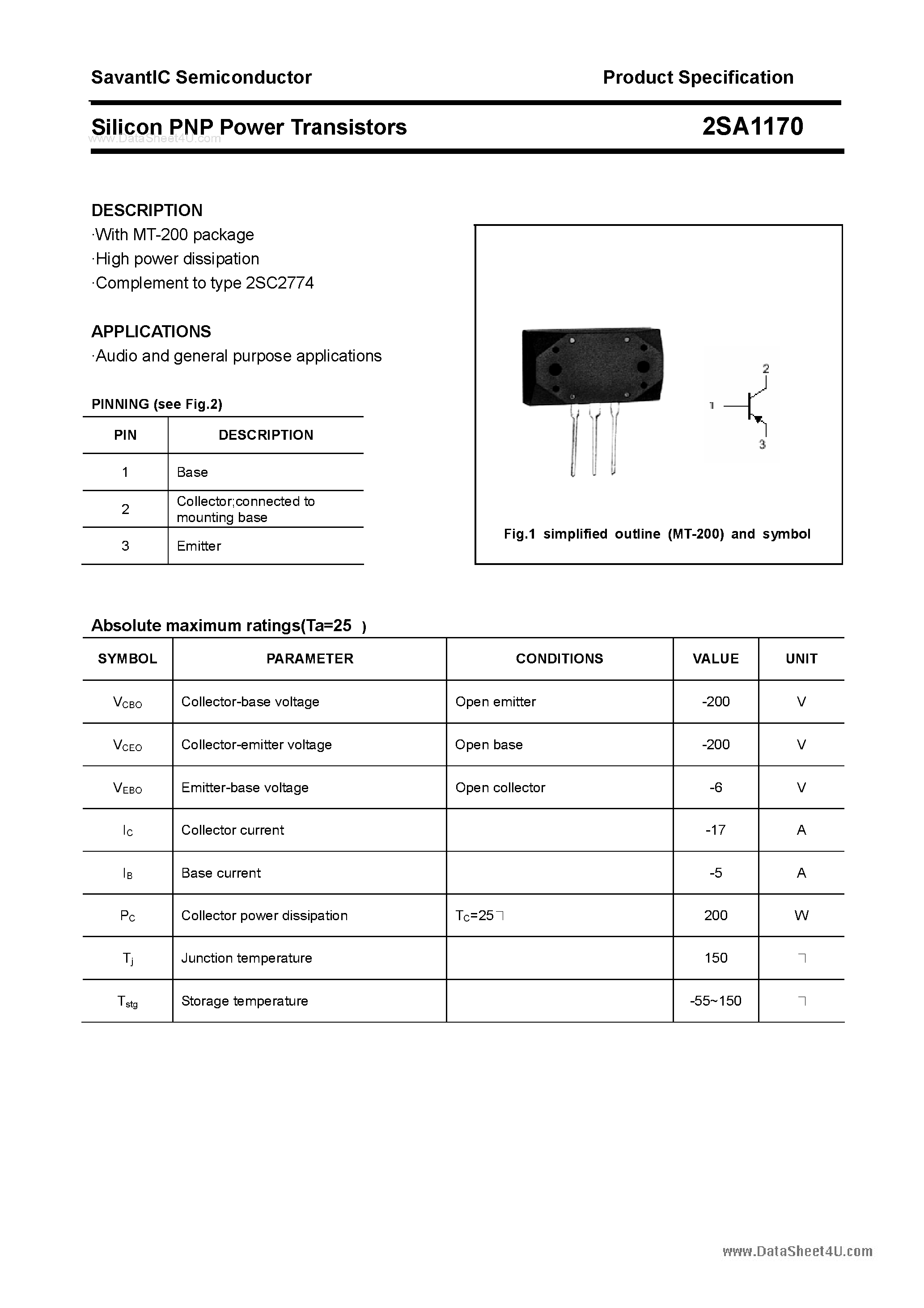 Datasheet 2SA1170 - SILICON POWER TRANSISTOR page 1