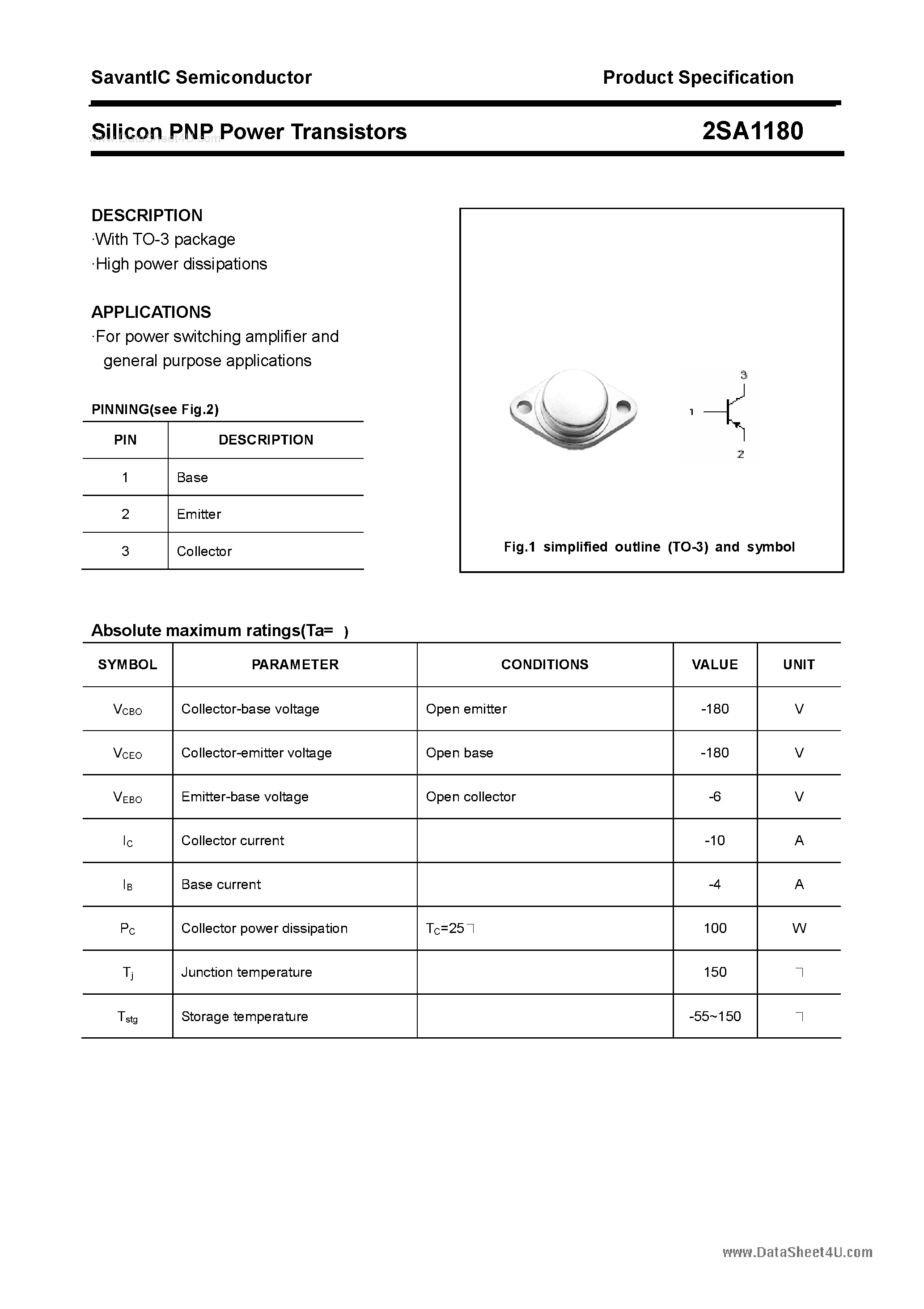 Datasheet 2SA1180 - SILICON POWER TRANSISTOR page 1