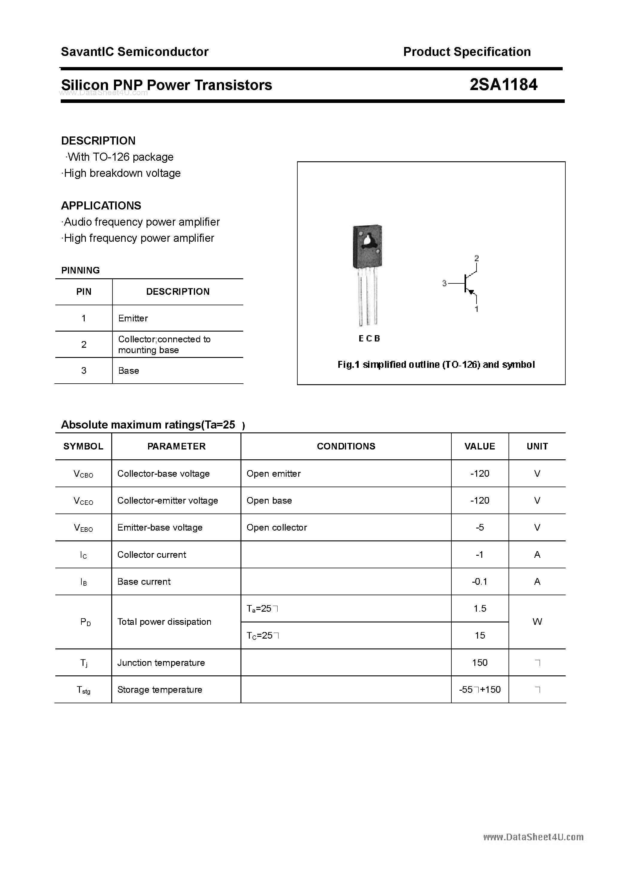 Datasheet 2SA1184 - SILICON POWER TRANSISTOR page 1