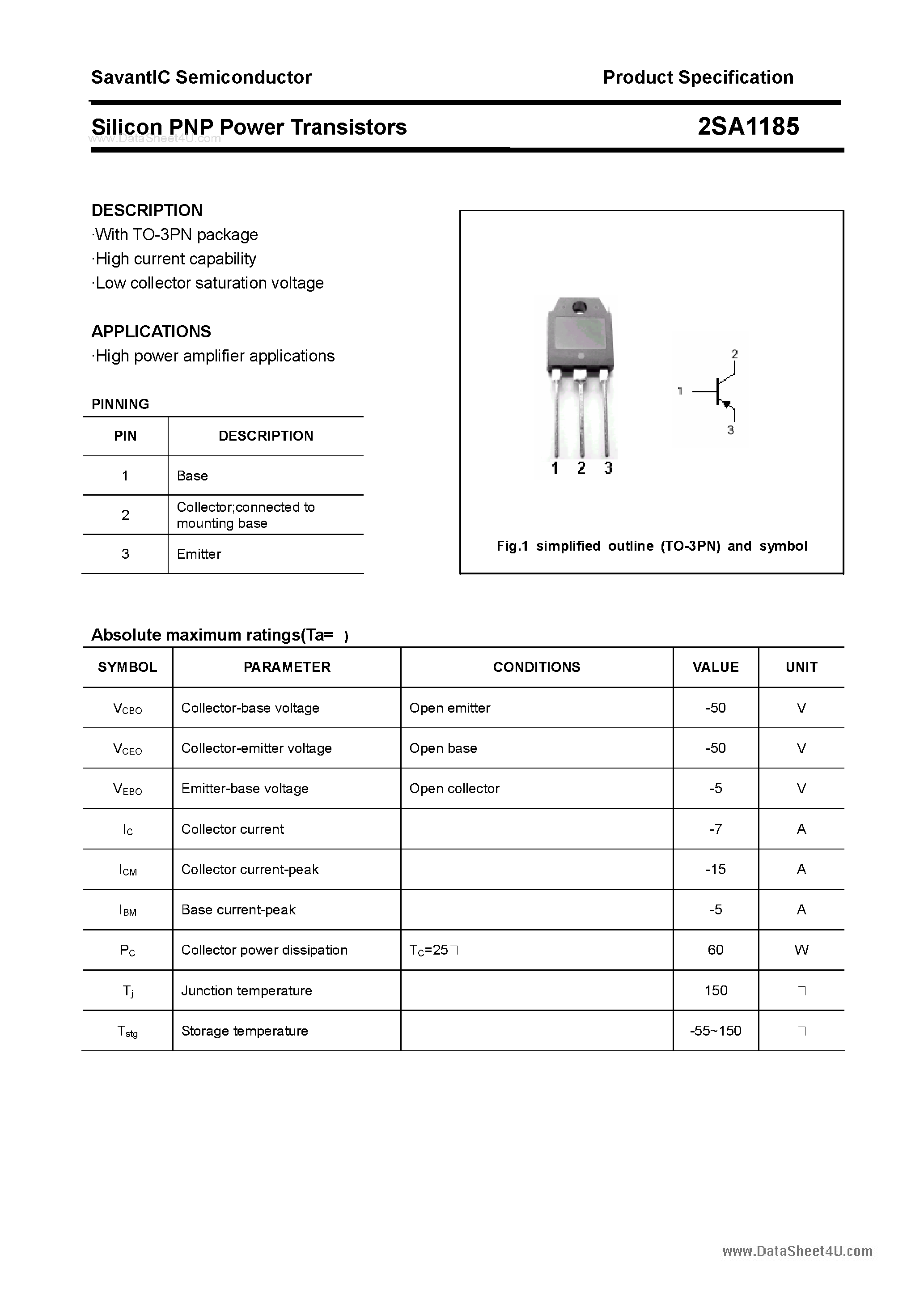 Datasheet 2SA1185 - SILICON POWER TRANSISTOR page 1