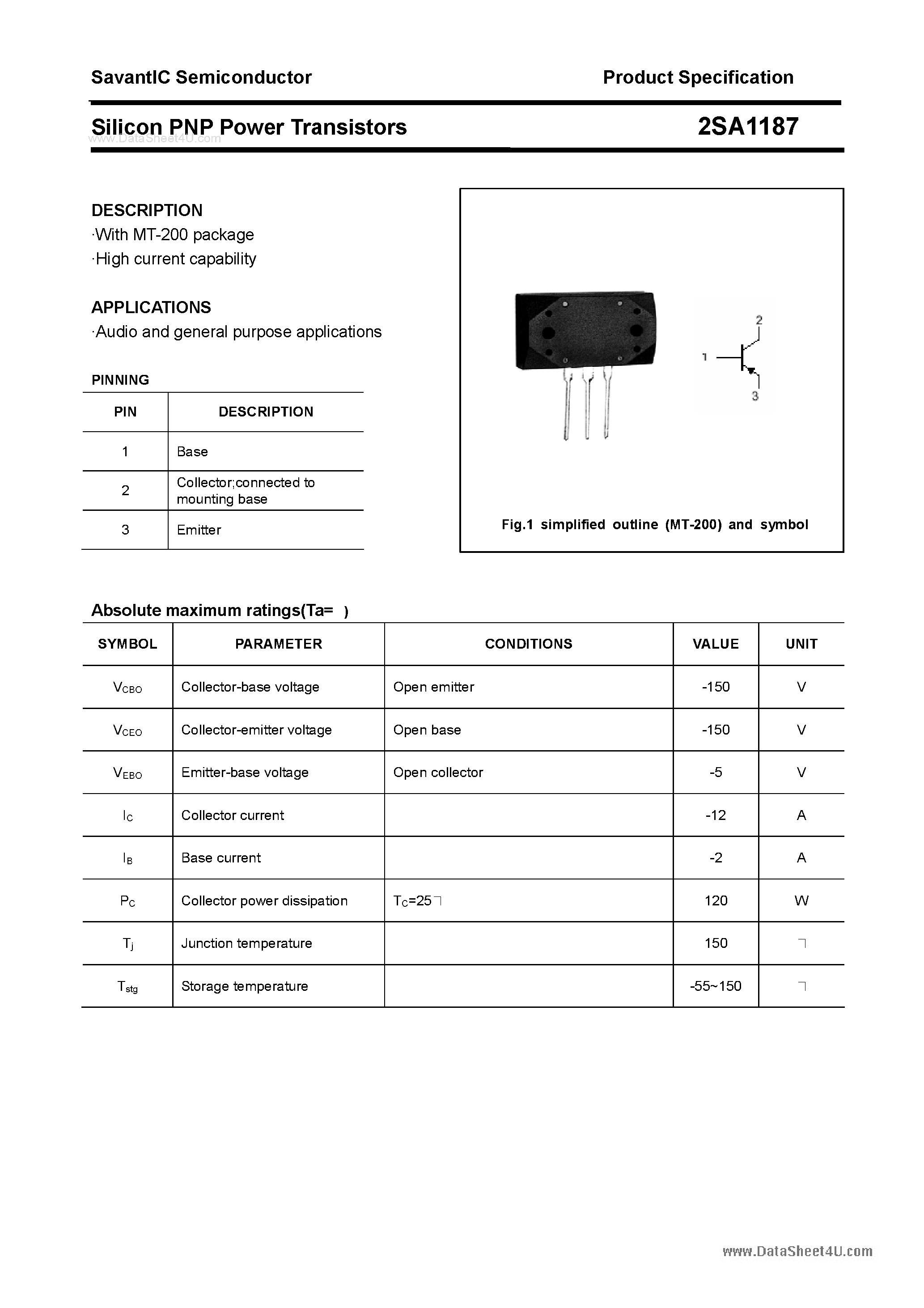 Datasheet 2SA1187 - SILICON POWER TRANSISTOR page 1