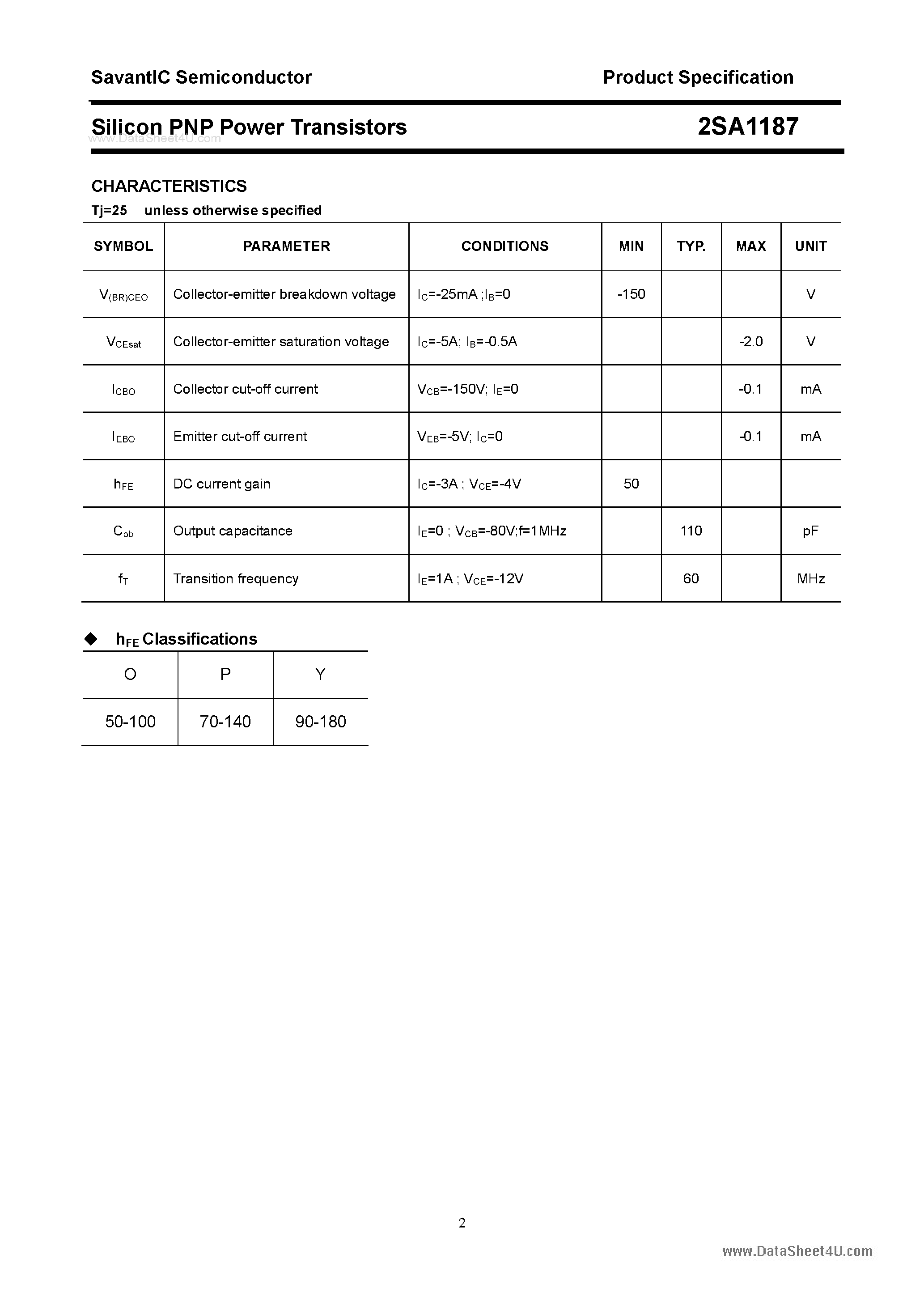 Datasheet 2SA1187 - SILICON POWER TRANSISTOR page 2