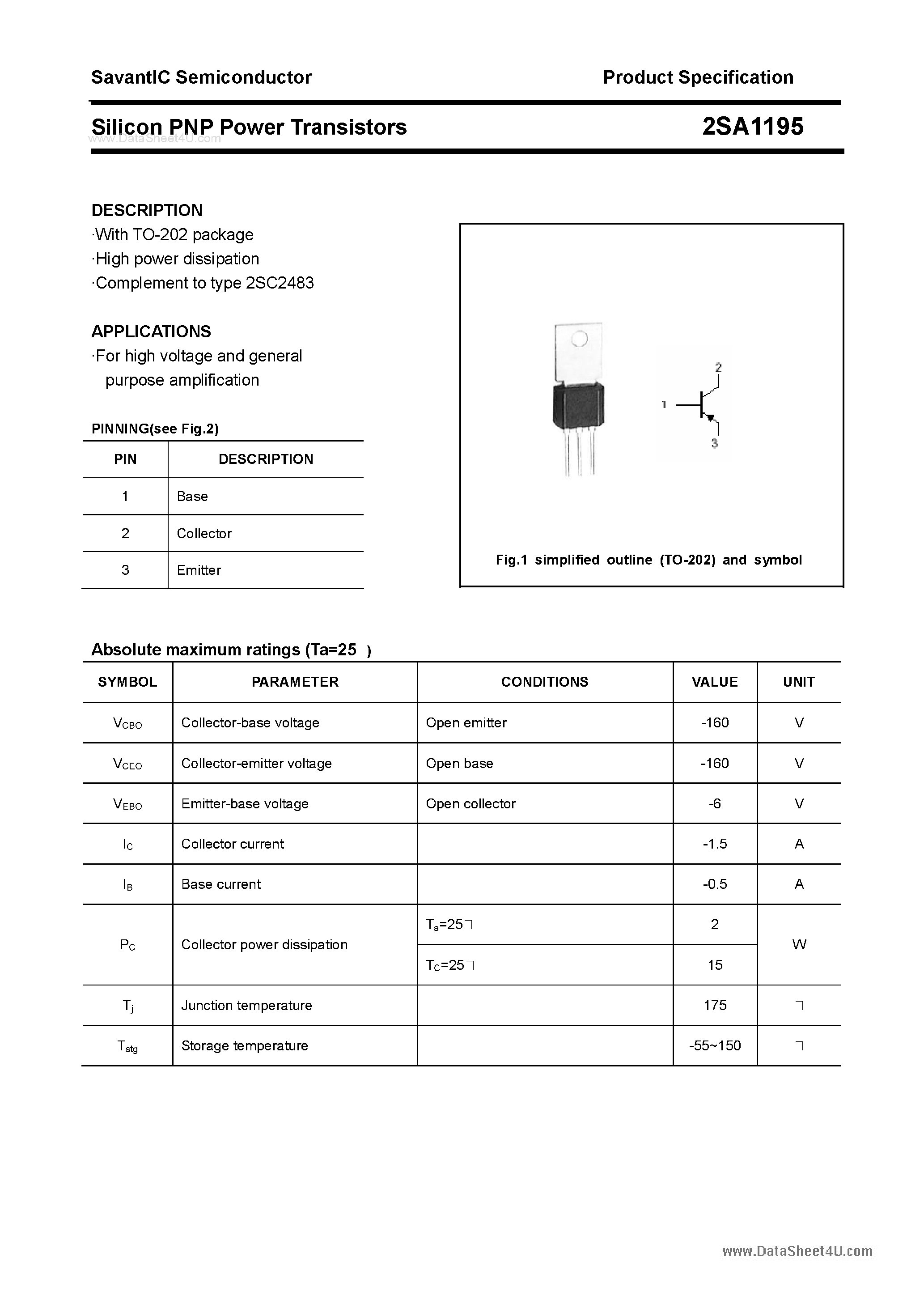 Datasheet 2SA1195 - SILICON POWER TRANSISTOR page 1