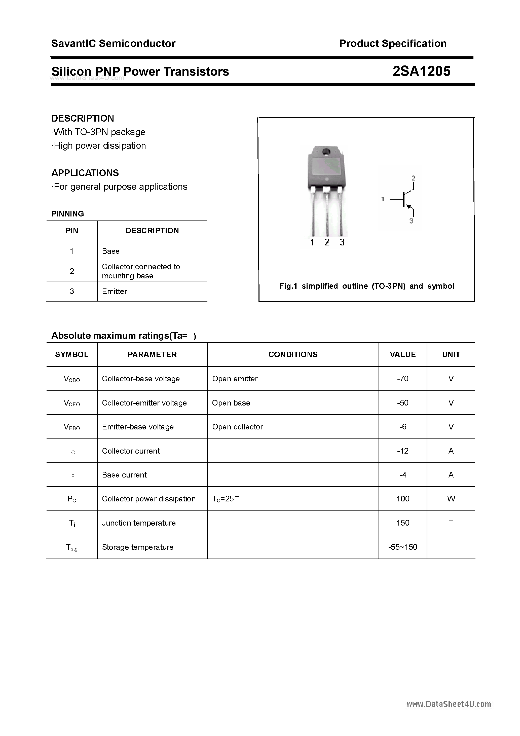 Datasheet 2SA1205 - SILICON POWER TRANSISTOR page 1