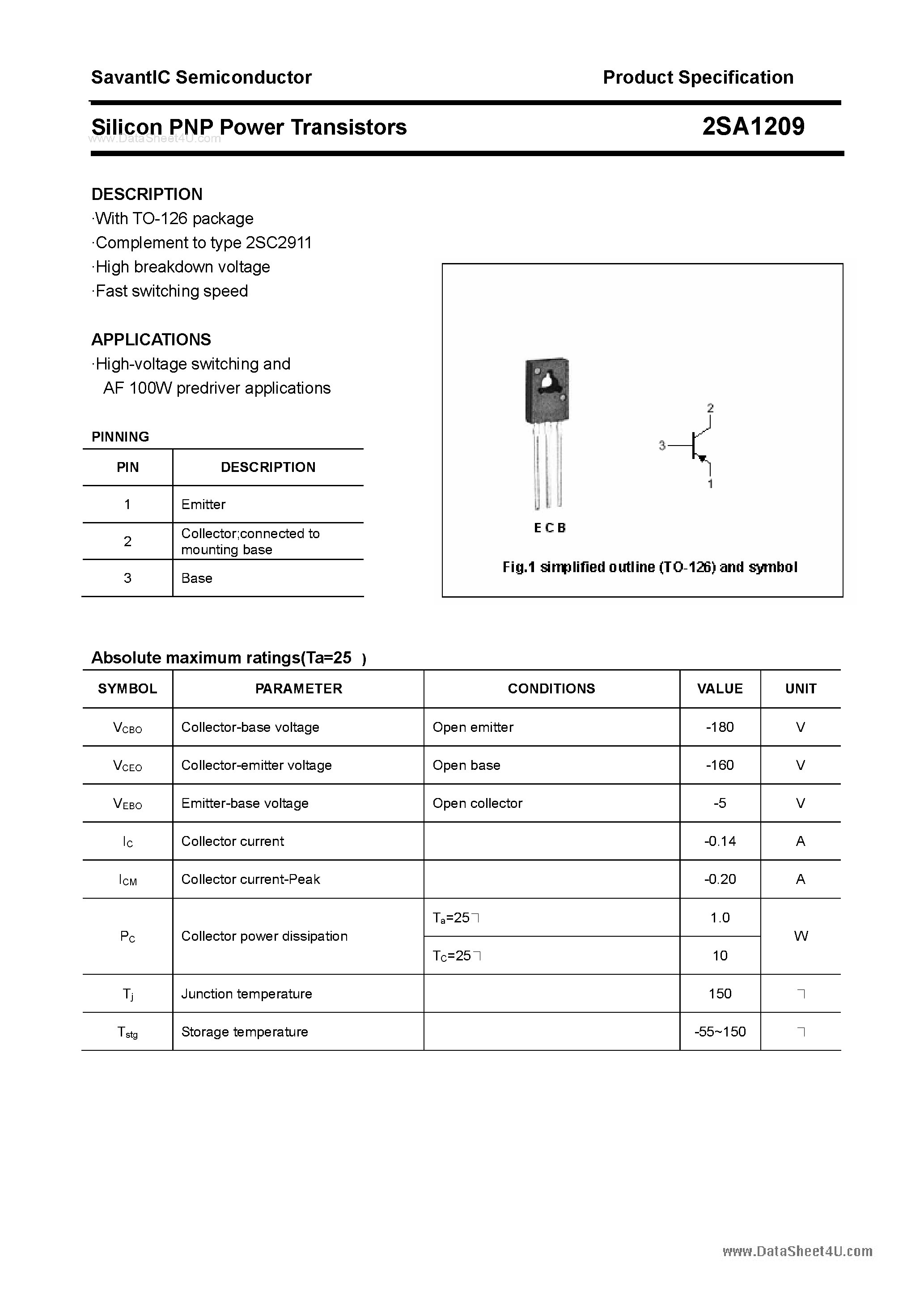 Datasheet 2SA1209 - SILICON POWER TRANSISTOR page 1
