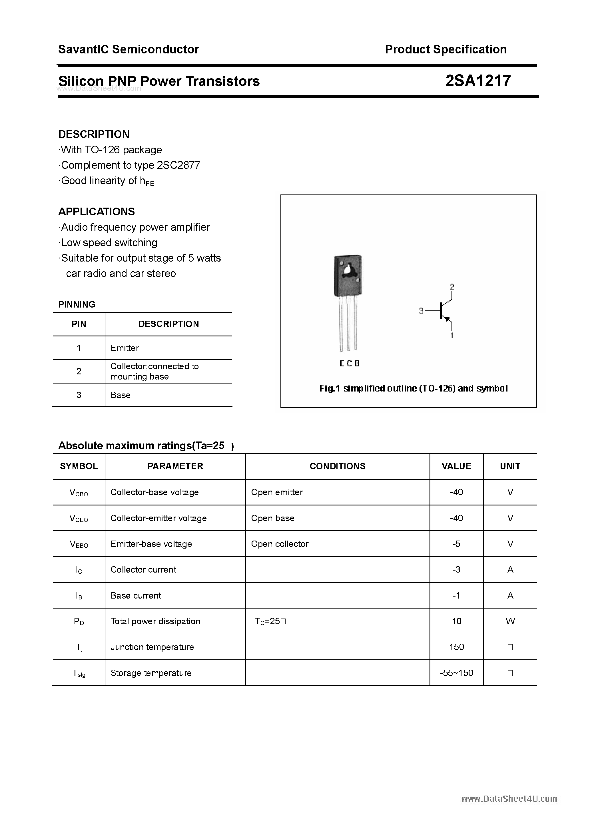 Datasheet 2SA1217 - SILICON POWER TRANSISTOR page 1