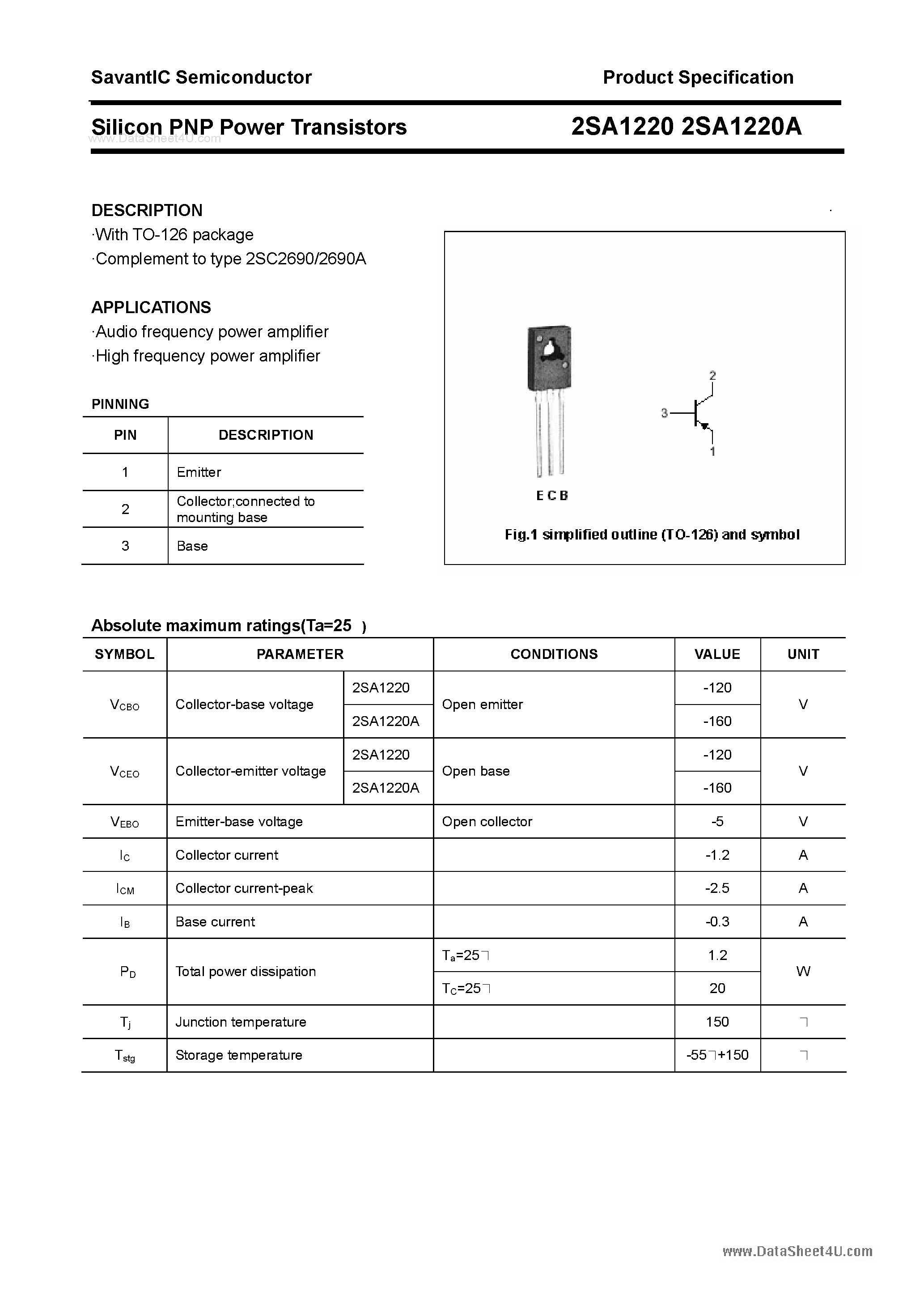 Datasheet 2SA1220 - SILICON POWER TRANSISTOR page 1