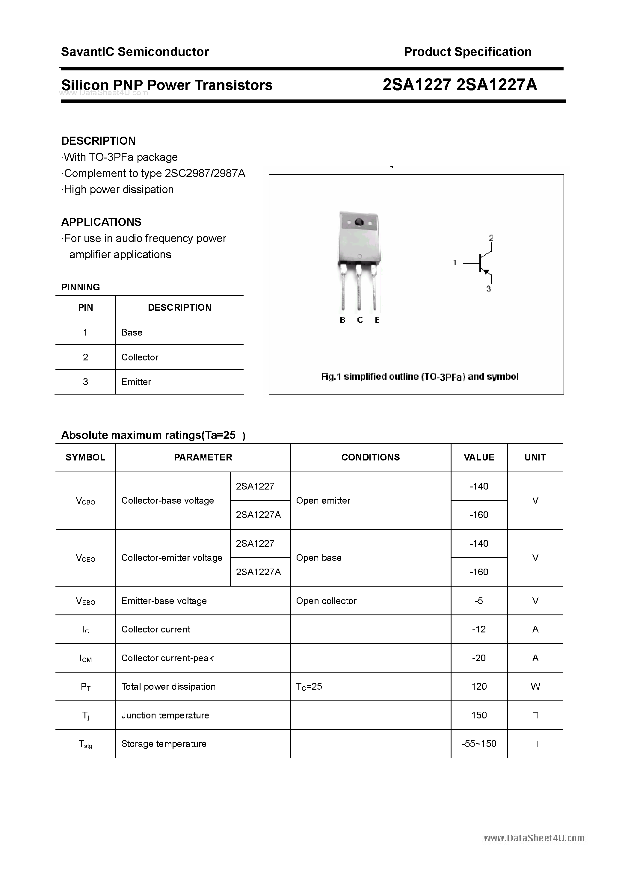 Datasheet 2SA1227 - SILICON POWER TRANSISTOR page 1