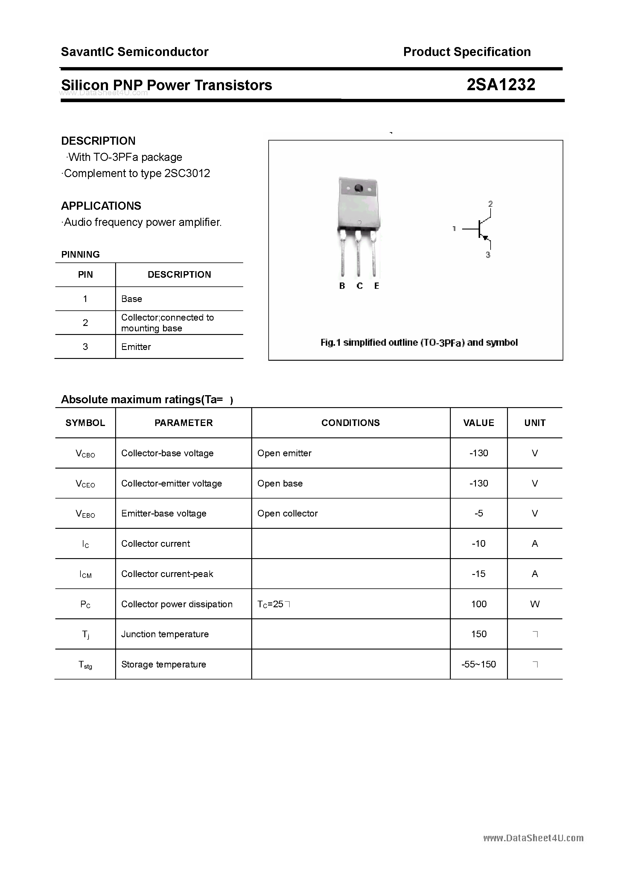 Datasheet 2SA1232 - SILICON POWER TRANSISTOR page 1