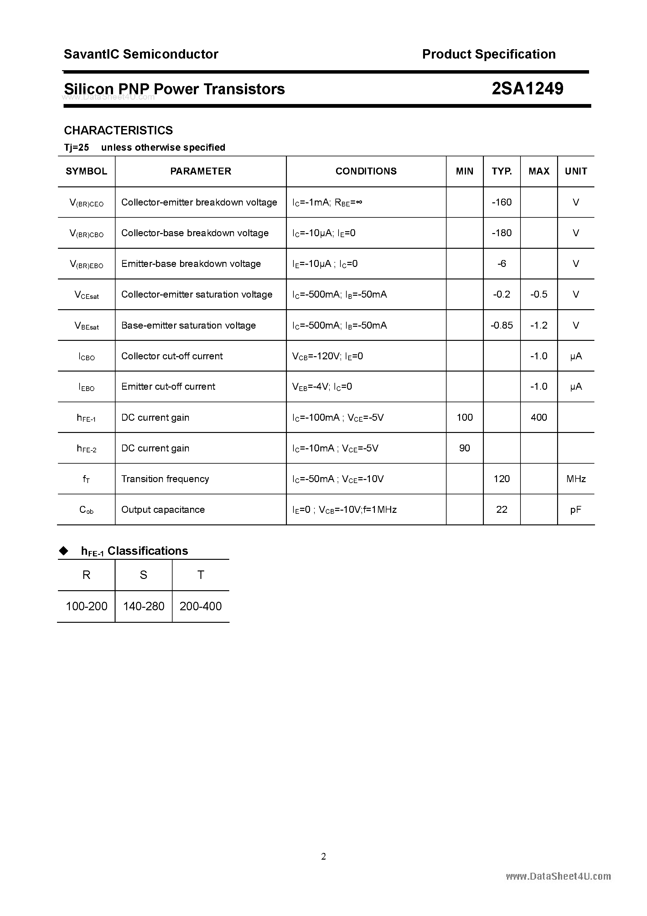 Datasheet 2SA1249 page 2 Datasheet 2SA1249 - SILICON POWER TRANSISTOR page 2