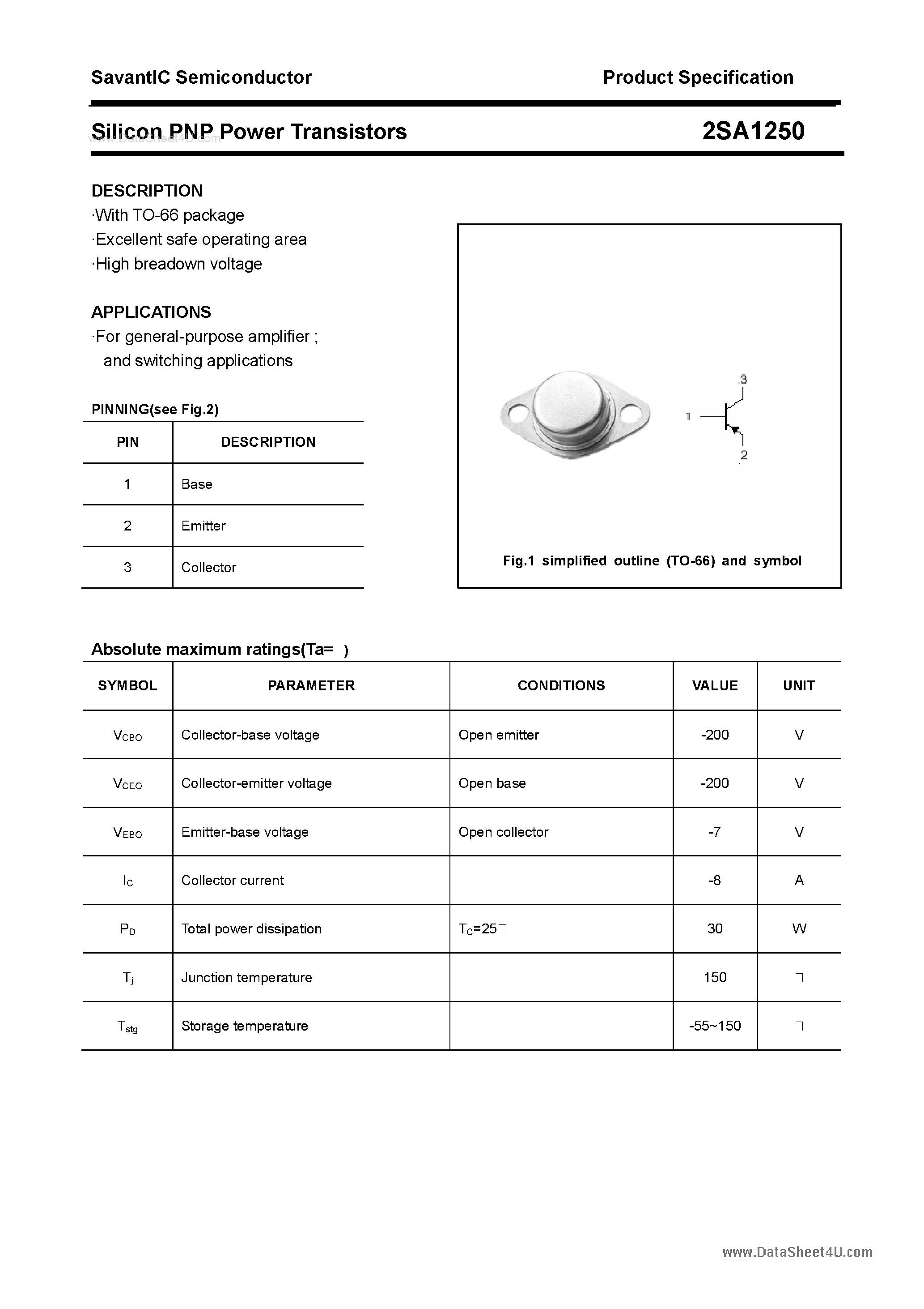 Datasheet 2SA1250 page 1 Datasheet 2SA1250 - SILICON POWER TRANSISTOR page 1
