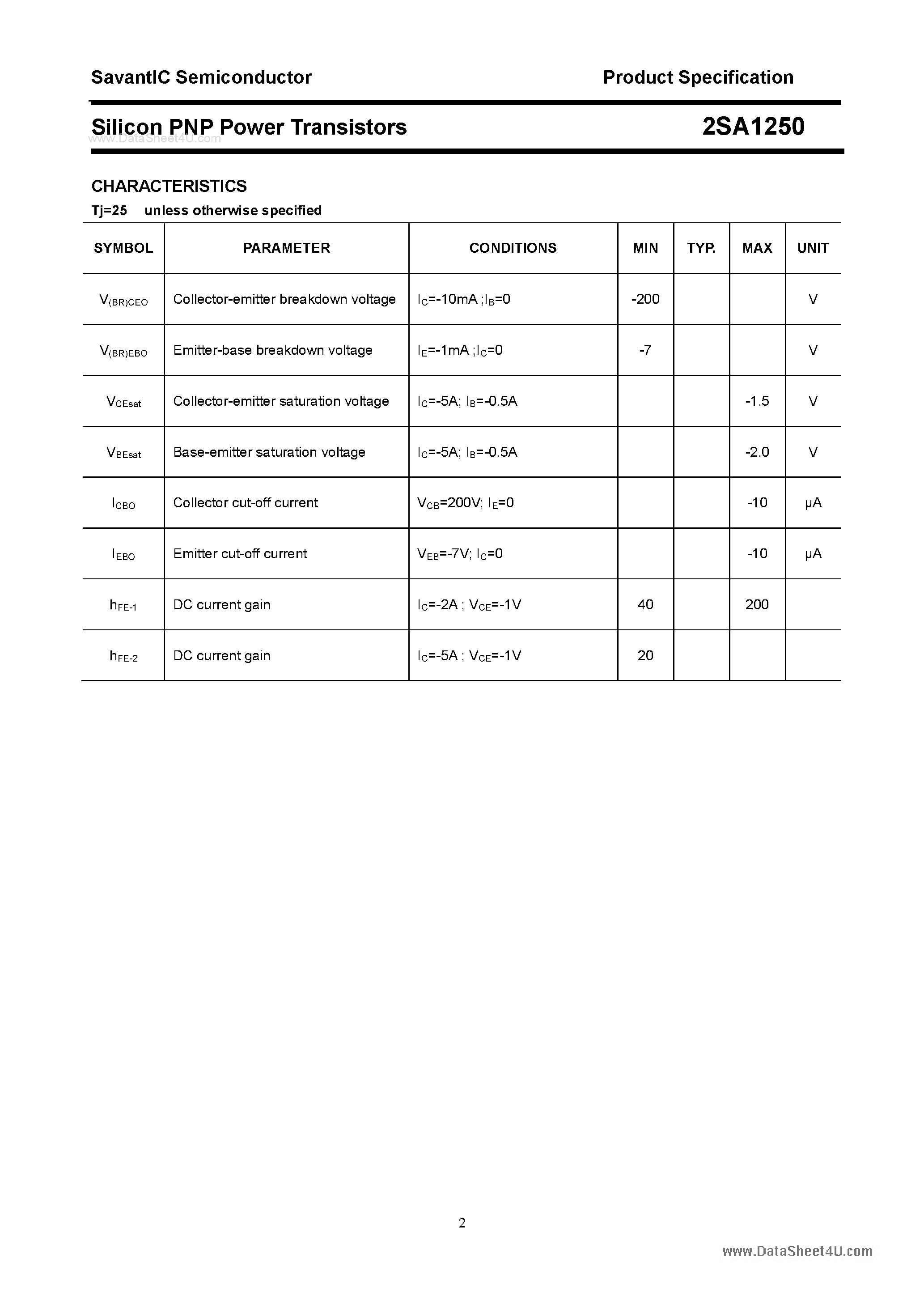 Datasheet 2SA1250 page 2 Datasheet 2SA1250 - SILICON POWER TRANSISTOR page 2