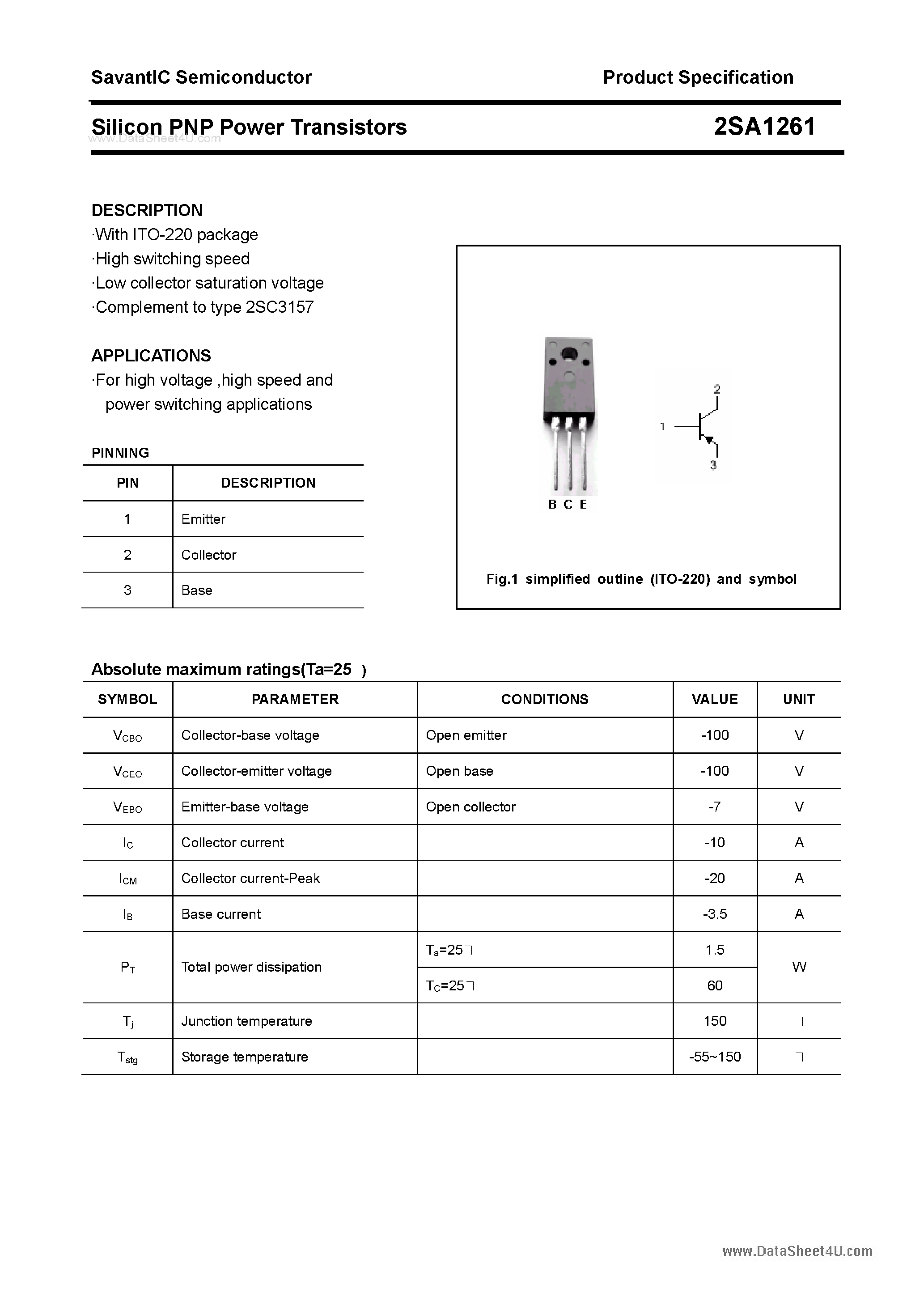 Datasheet 2SA1261 page 1 Datasheet 2SA1261 - SILICON POWER TRANSISTOR page 1