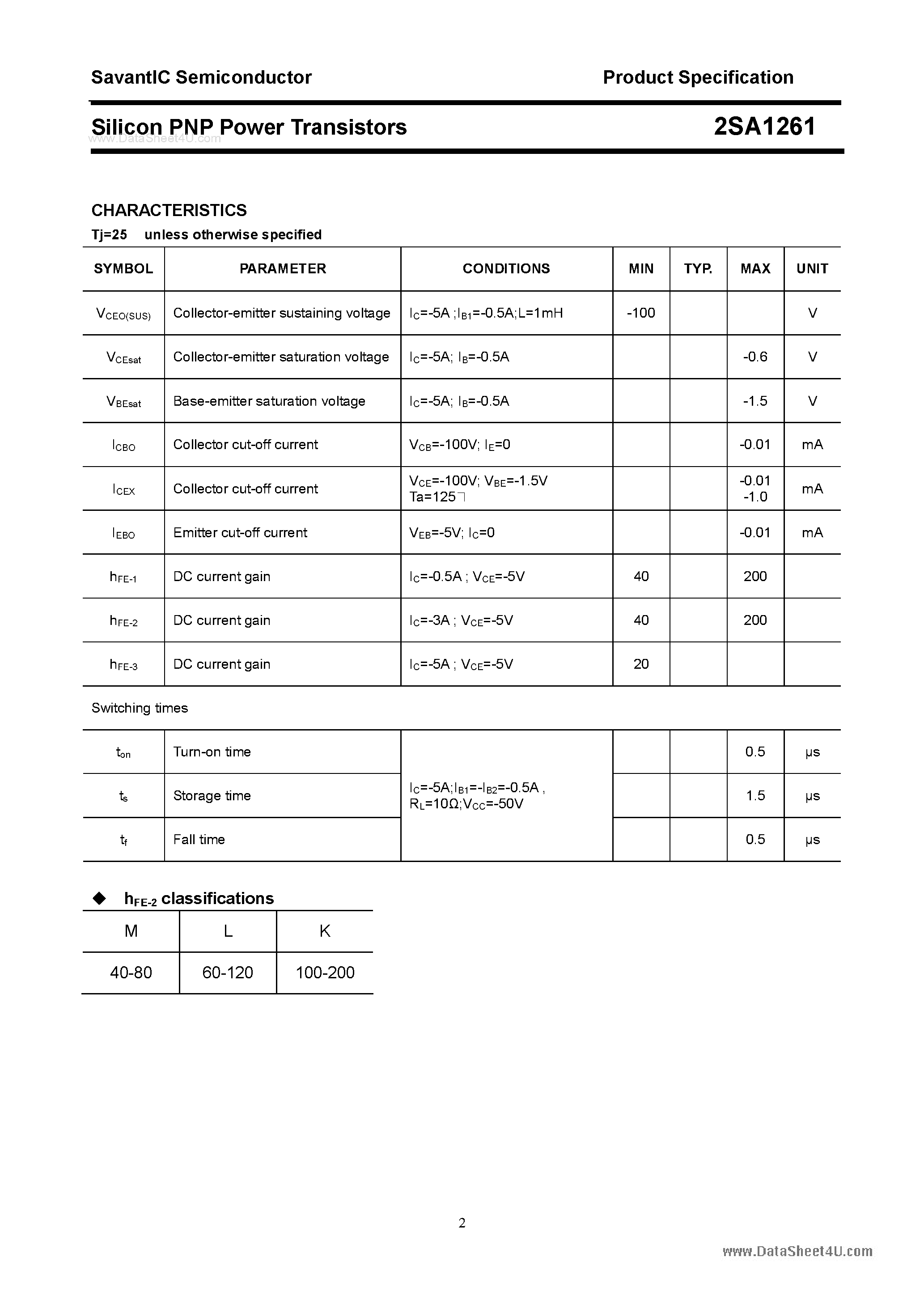 Datasheet 2SA1261 page 2 Datasheet 2SA1261 - SILICON POWER TRANSISTOR page 2