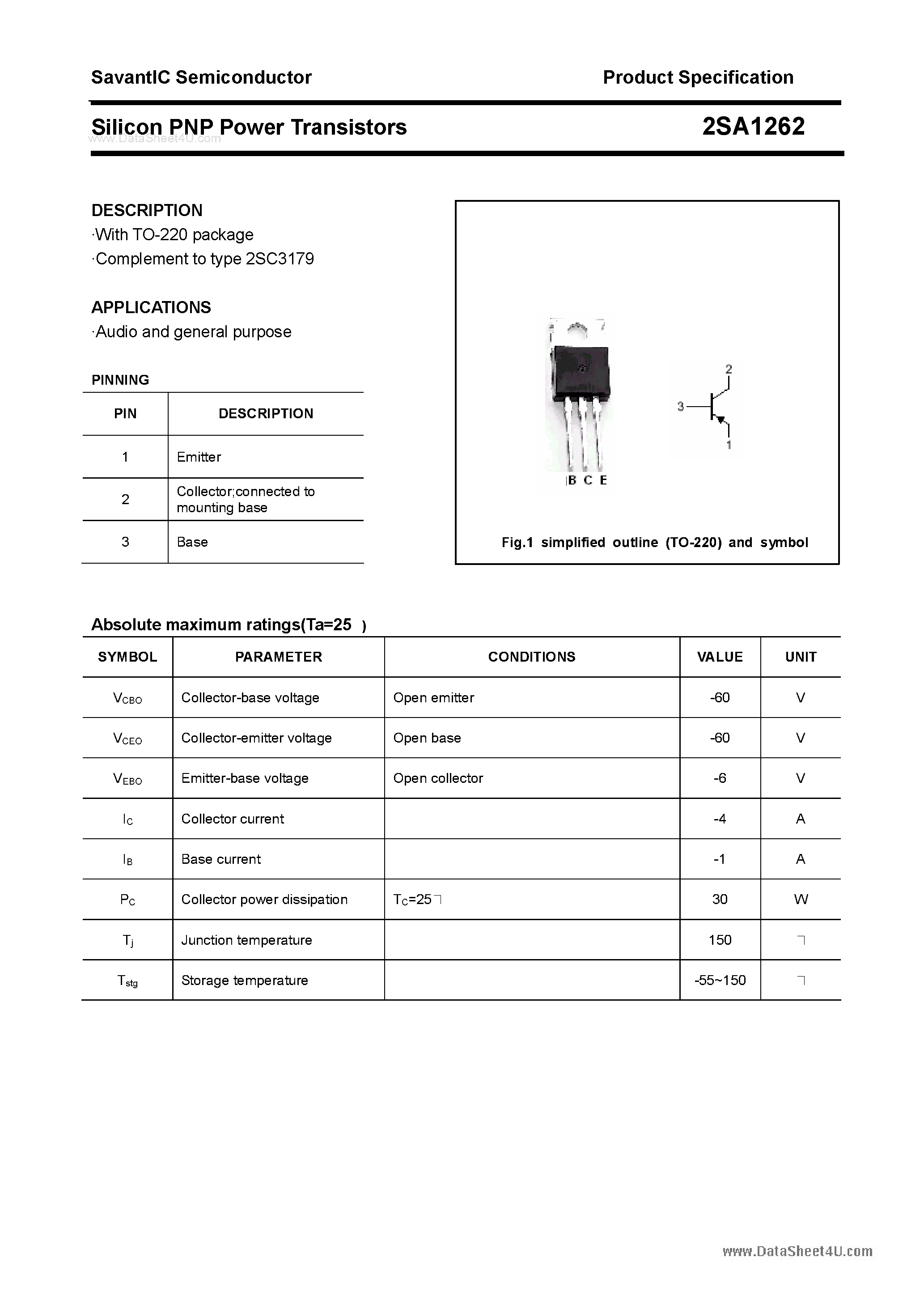 Datasheet 2SA1262 - SILICON POWER TRANSISTOR page 1