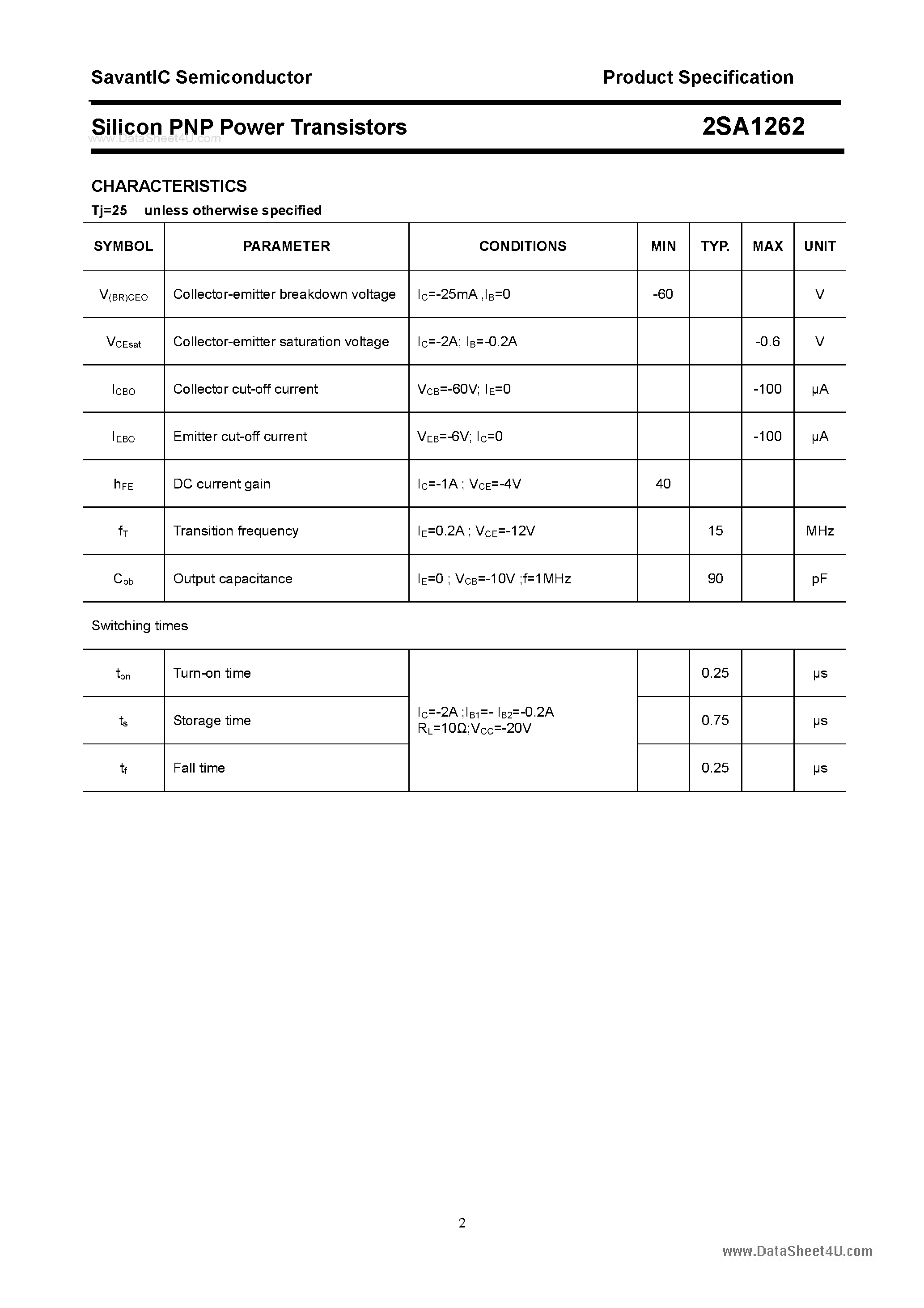 Datasheet 2SA1262 - SILICON POWER TRANSISTOR page 2