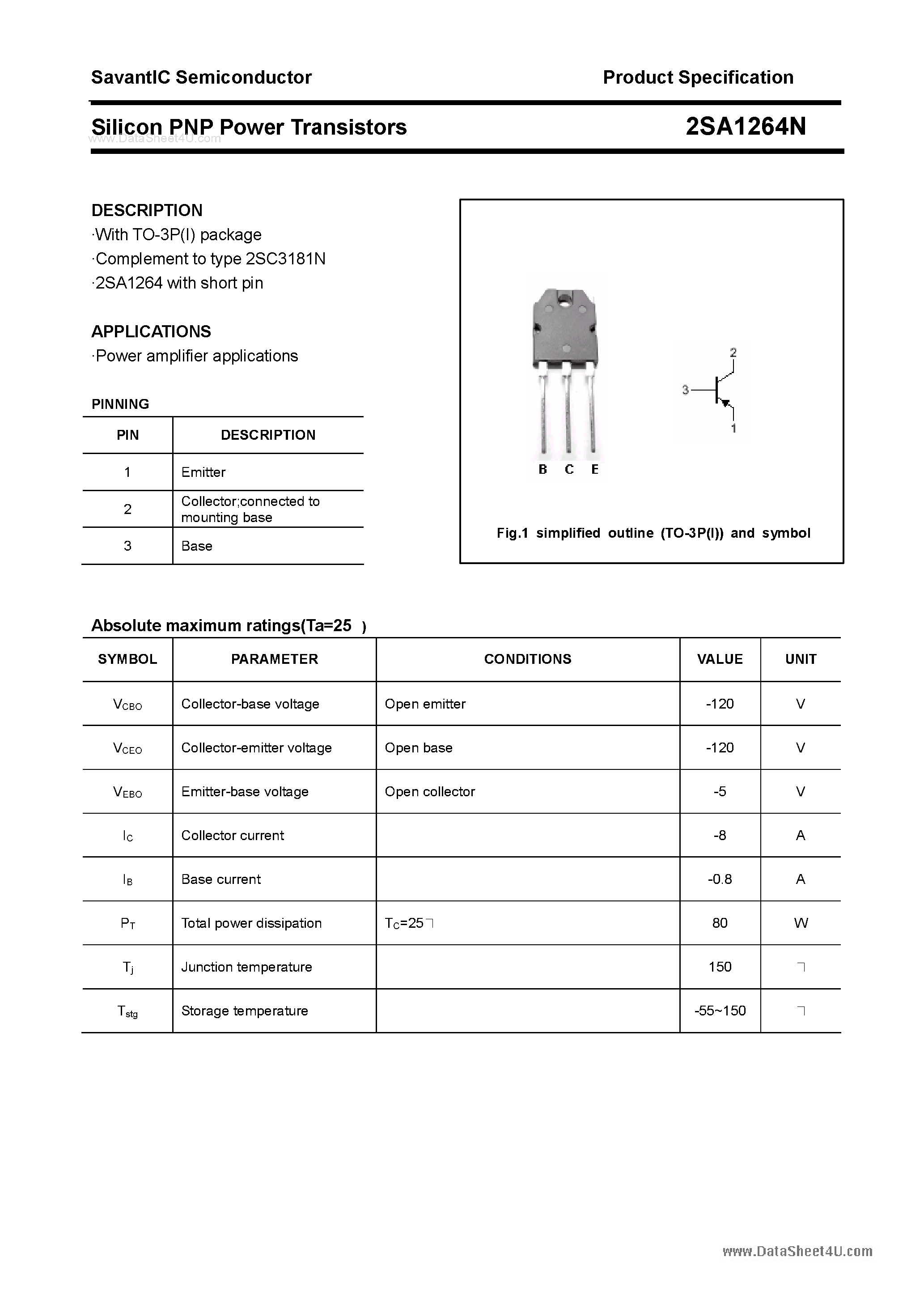 Datasheet 2SA1264N page 1 Datasheet 2SA1264N - SILICON POWER TRANSISTOR page 1