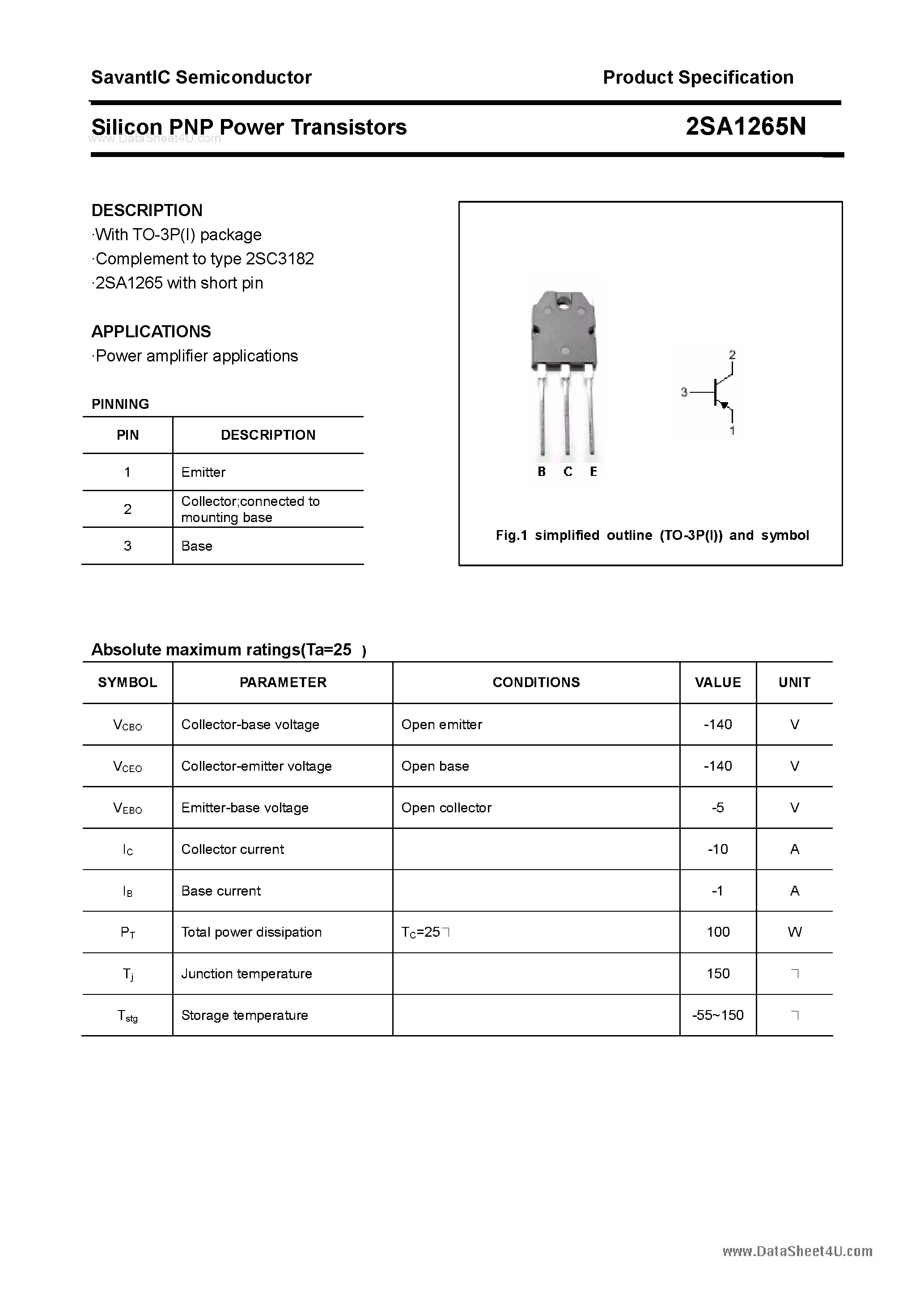 Datasheet 2SA1265N page 1 Datasheet 2SA1265N - SILICON POWER TRANSISTOR page 1