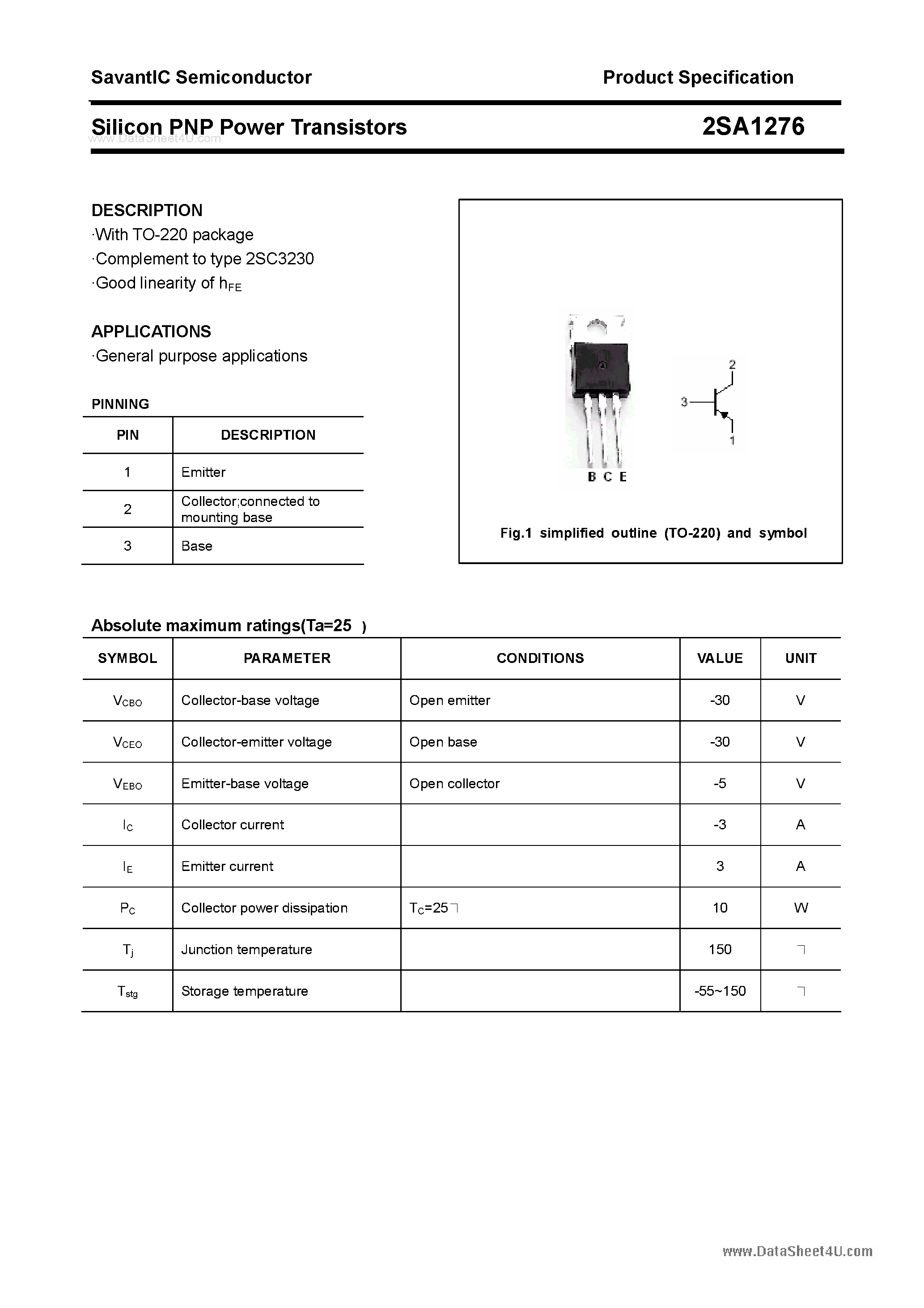 Datasheet 2SA1276 page 1 Datasheet 2SA1276 - SILICON POWER TRANSISTOR page 1