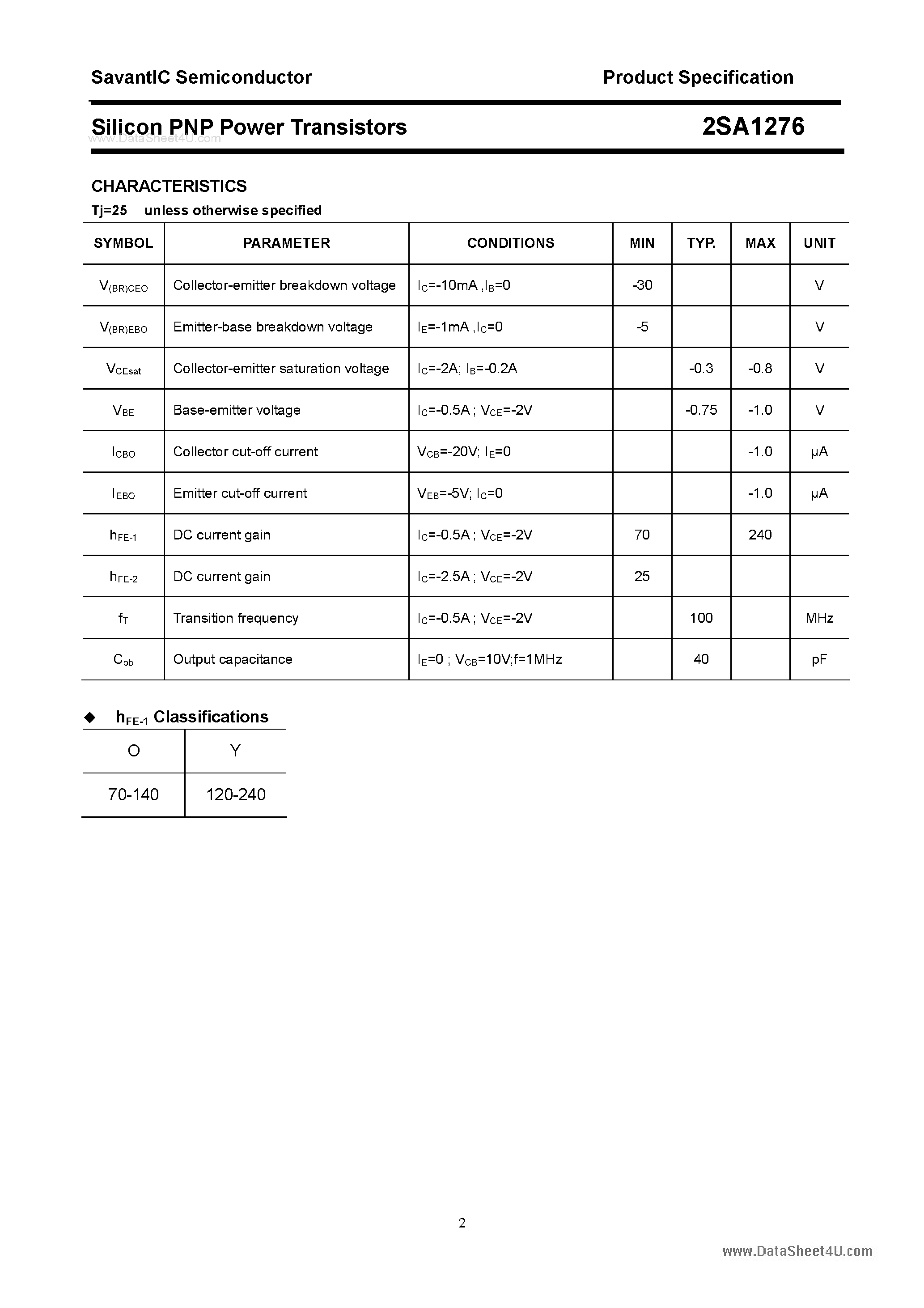 Datasheet 2SA1276 page 2 Datasheet 2SA1276 - SILICON POWER TRANSISTOR page 2