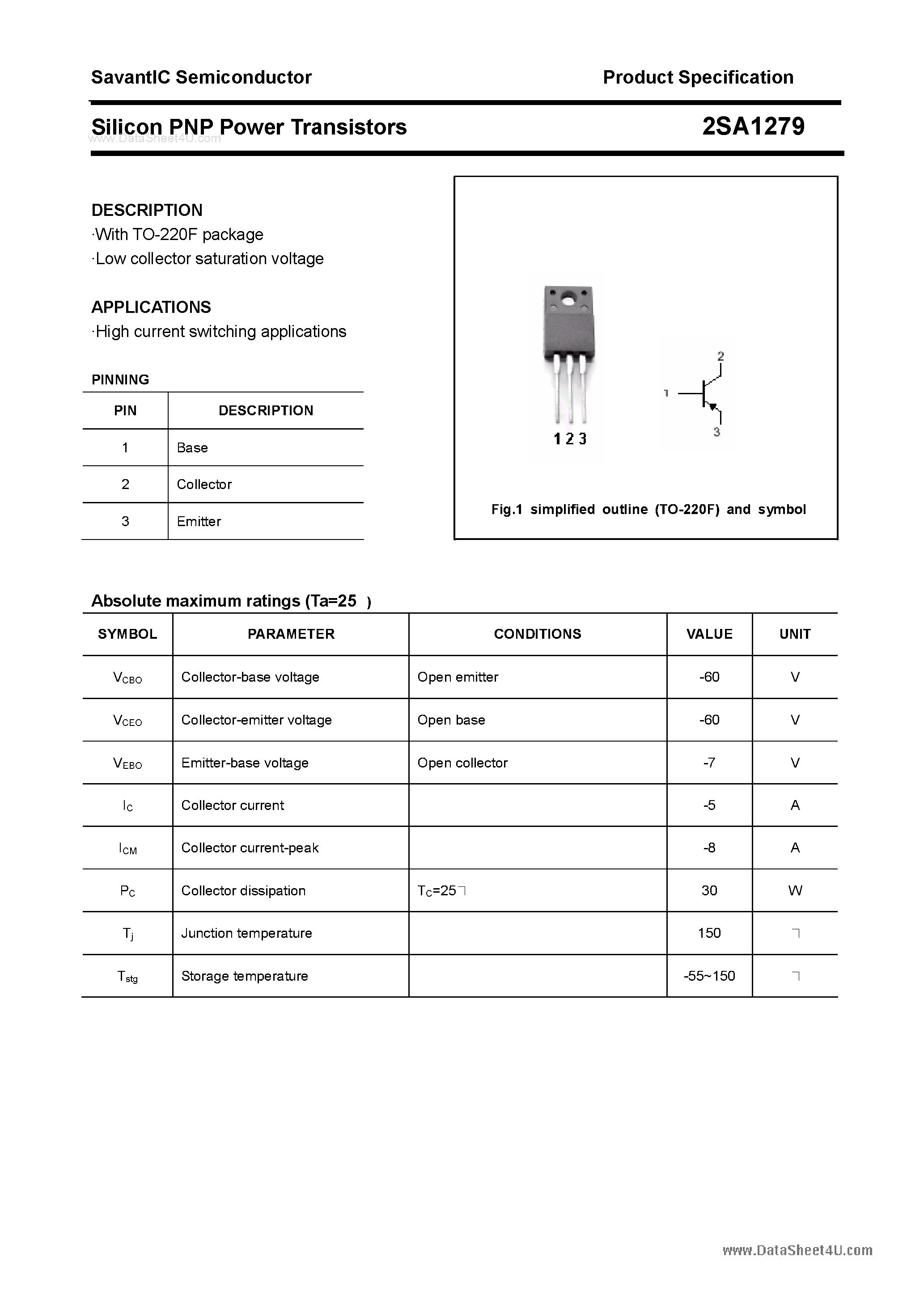 Datasheet 2SA1279 - SILICON POWER TRANSISTOR page 1