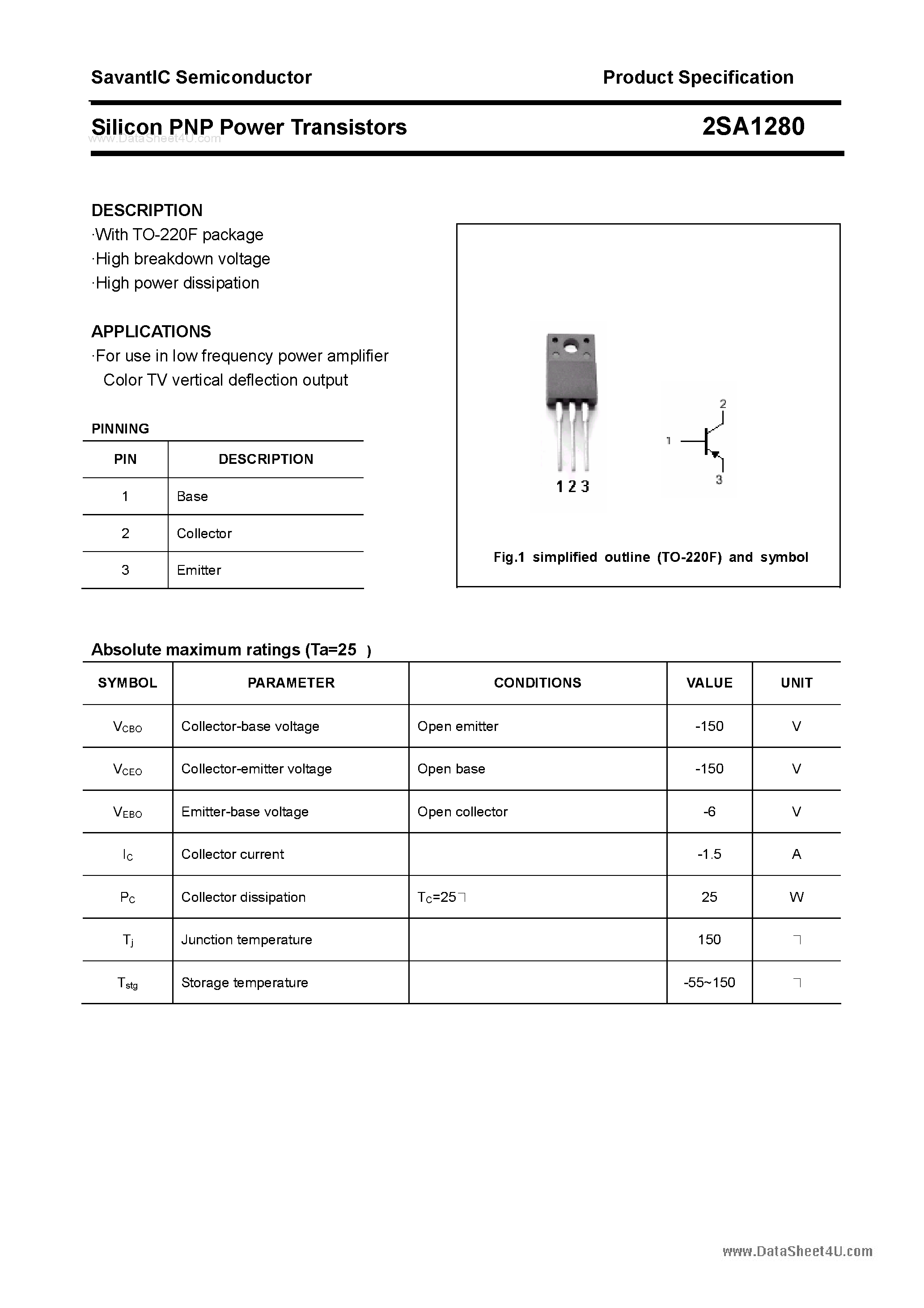 Datasheet 2SA1280 - SILICON POWER TRANSISTOR page 1