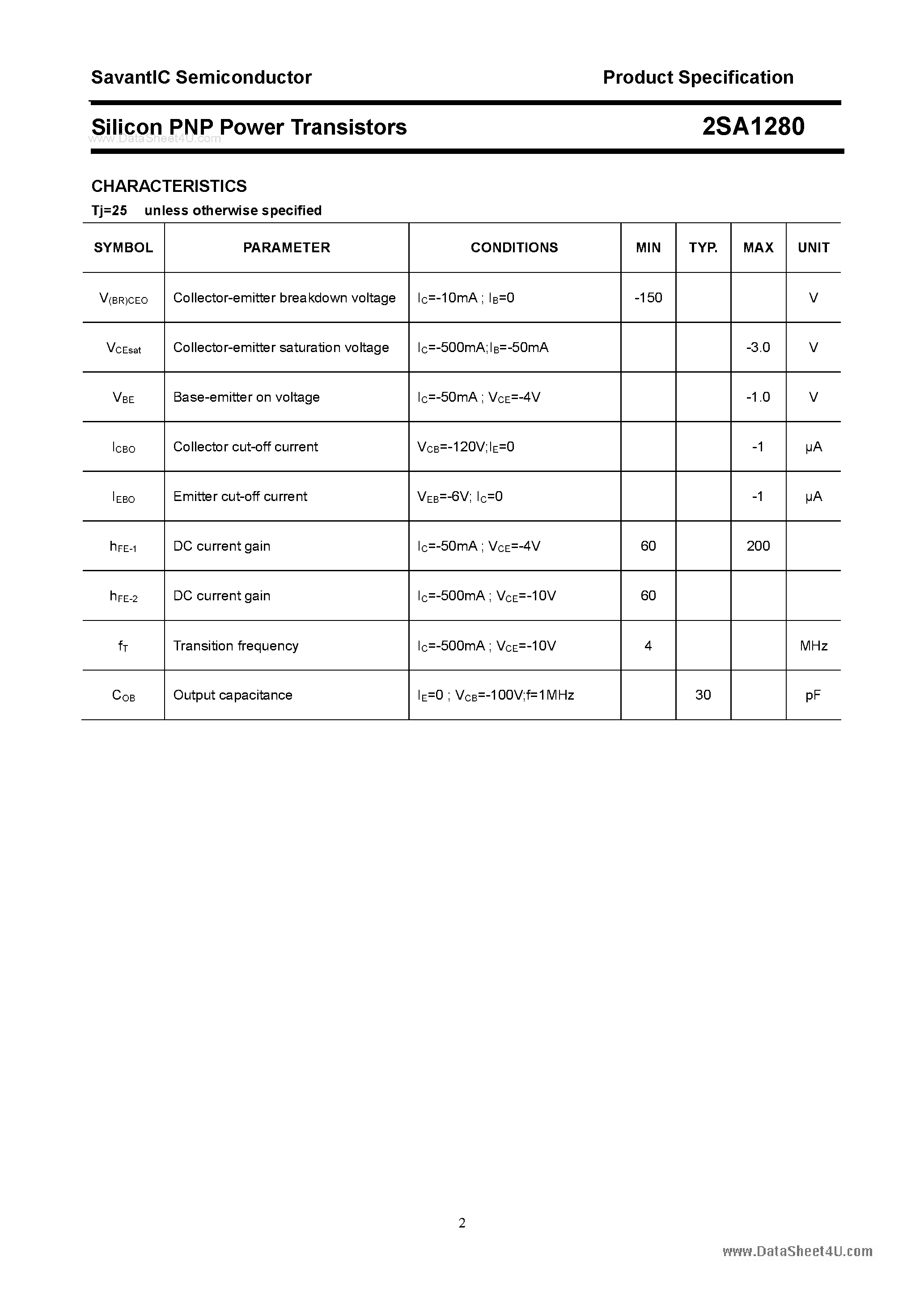 Datasheet 2SA1280 - SILICON POWER TRANSISTOR page 2