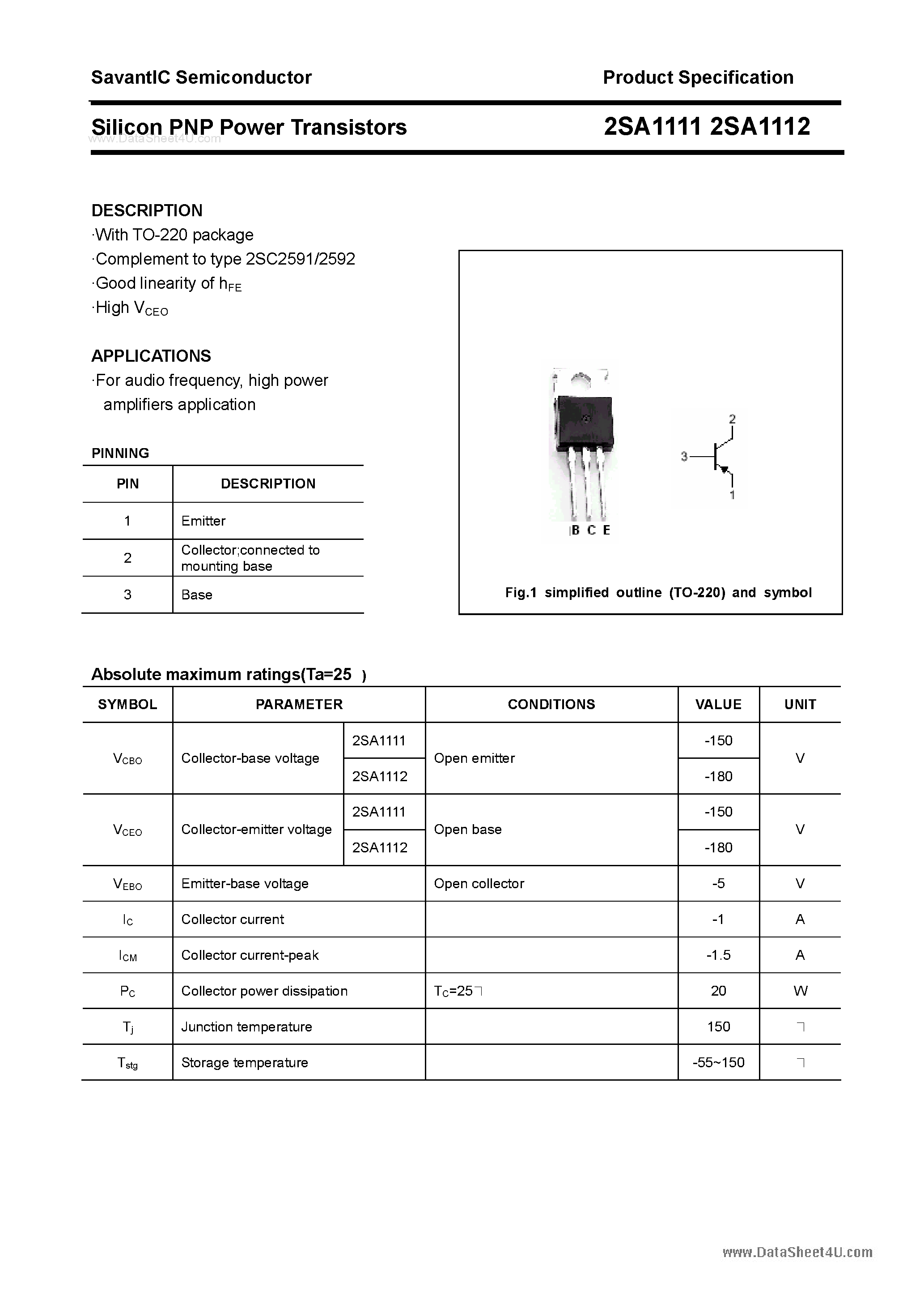 Даташит 2SA1112 - (2SA1111 / 2SA1112) SILICON POWER TRANSISTOR страница 1