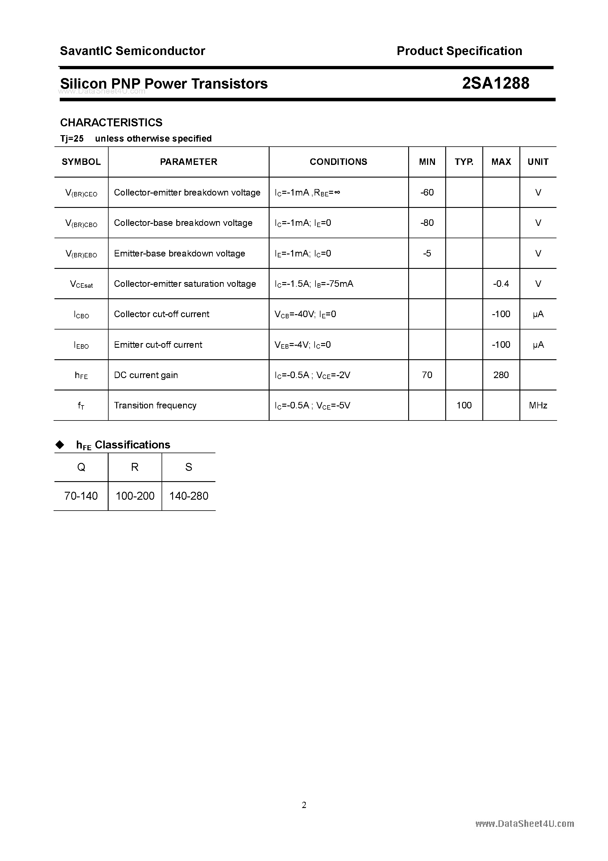 Datasheet 2SA1288 page 2 Datasheet 2SA1288 - SILICON POWER TRANSISTOR page 2