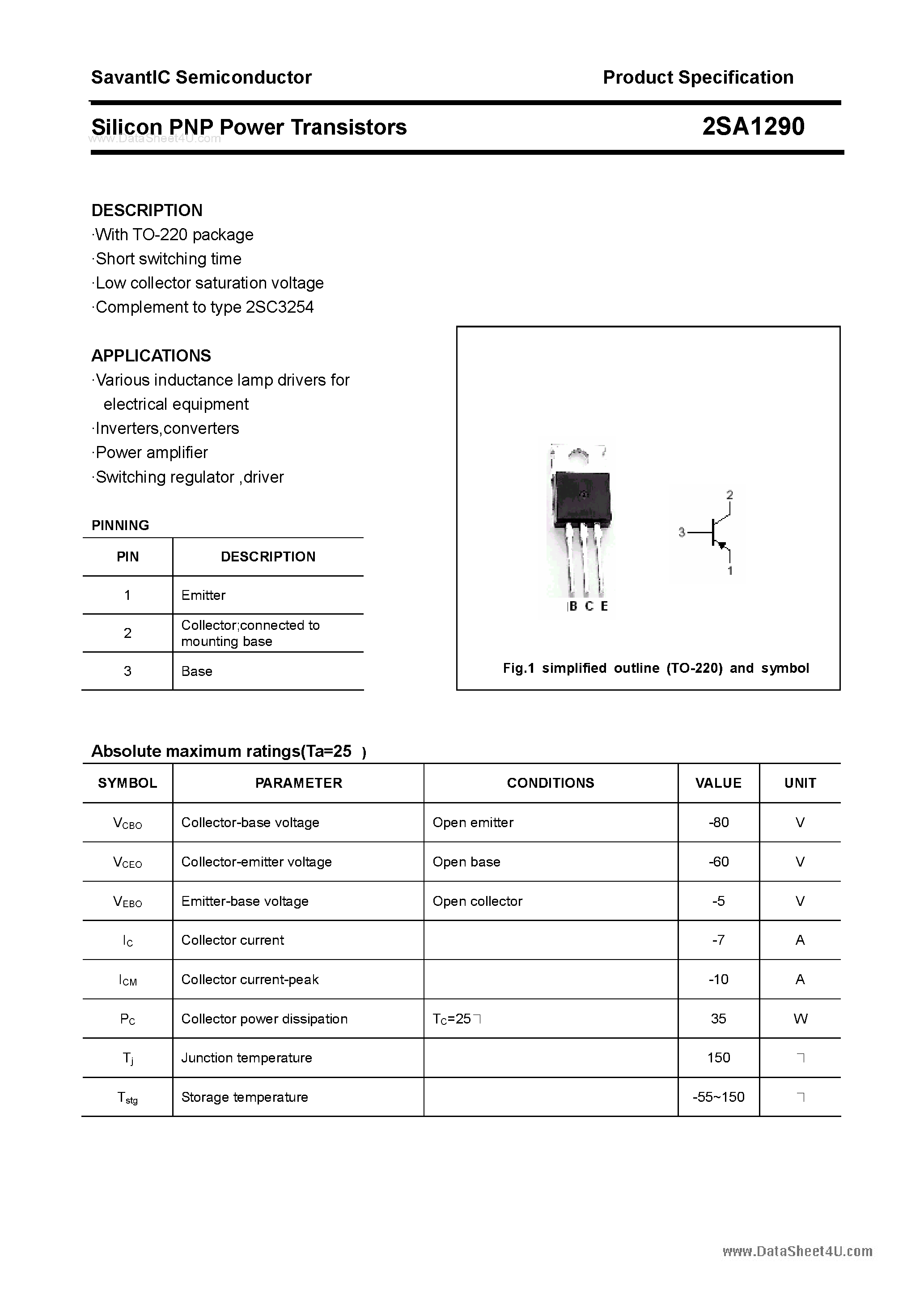 Datasheet 2SA1290 - SILICON POWER TRANSISTOR page 1