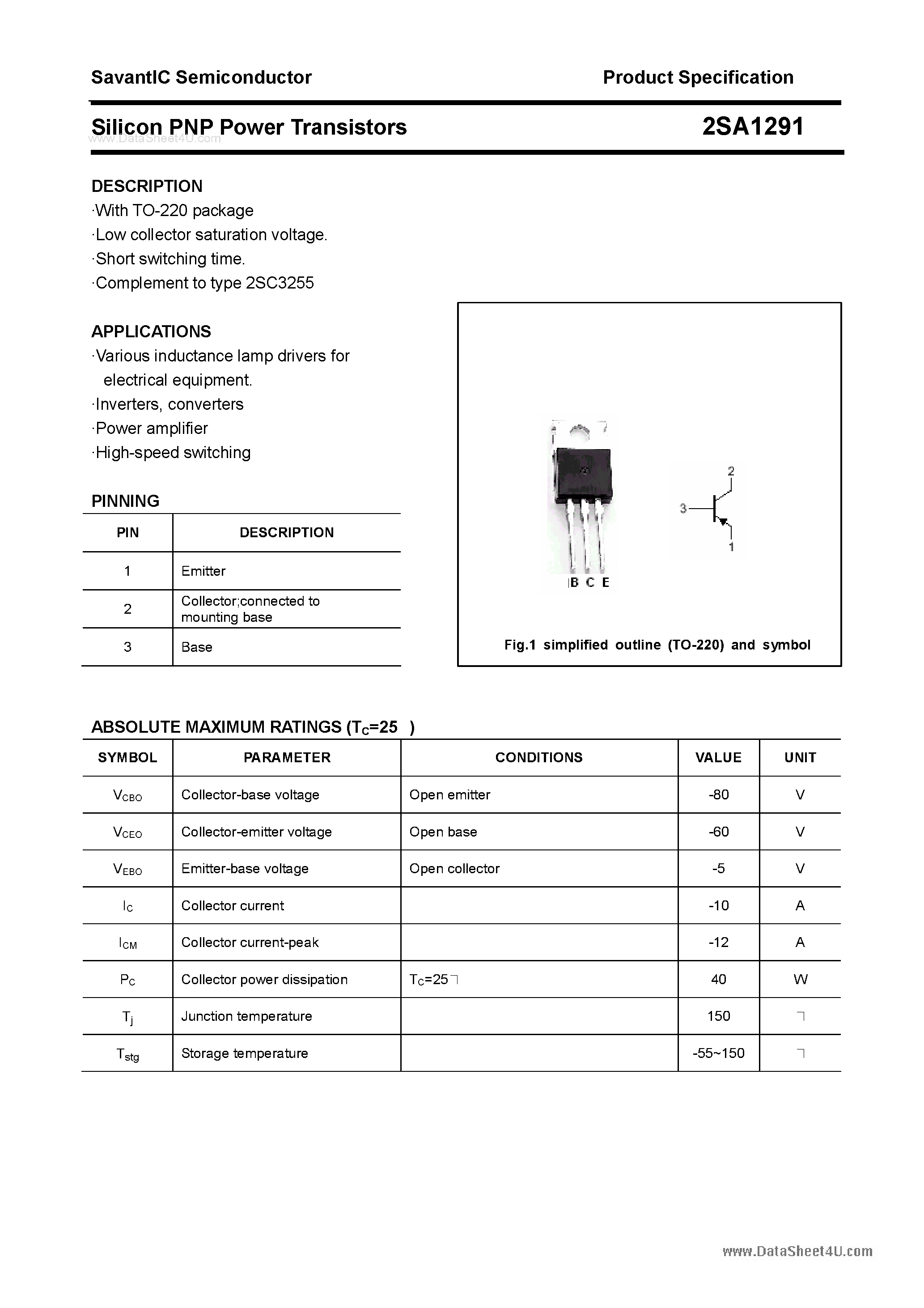 Datasheet 2SA1291 page 1 Datasheet 2SA1291 - SILICON POWER TRANSISTOR page 1